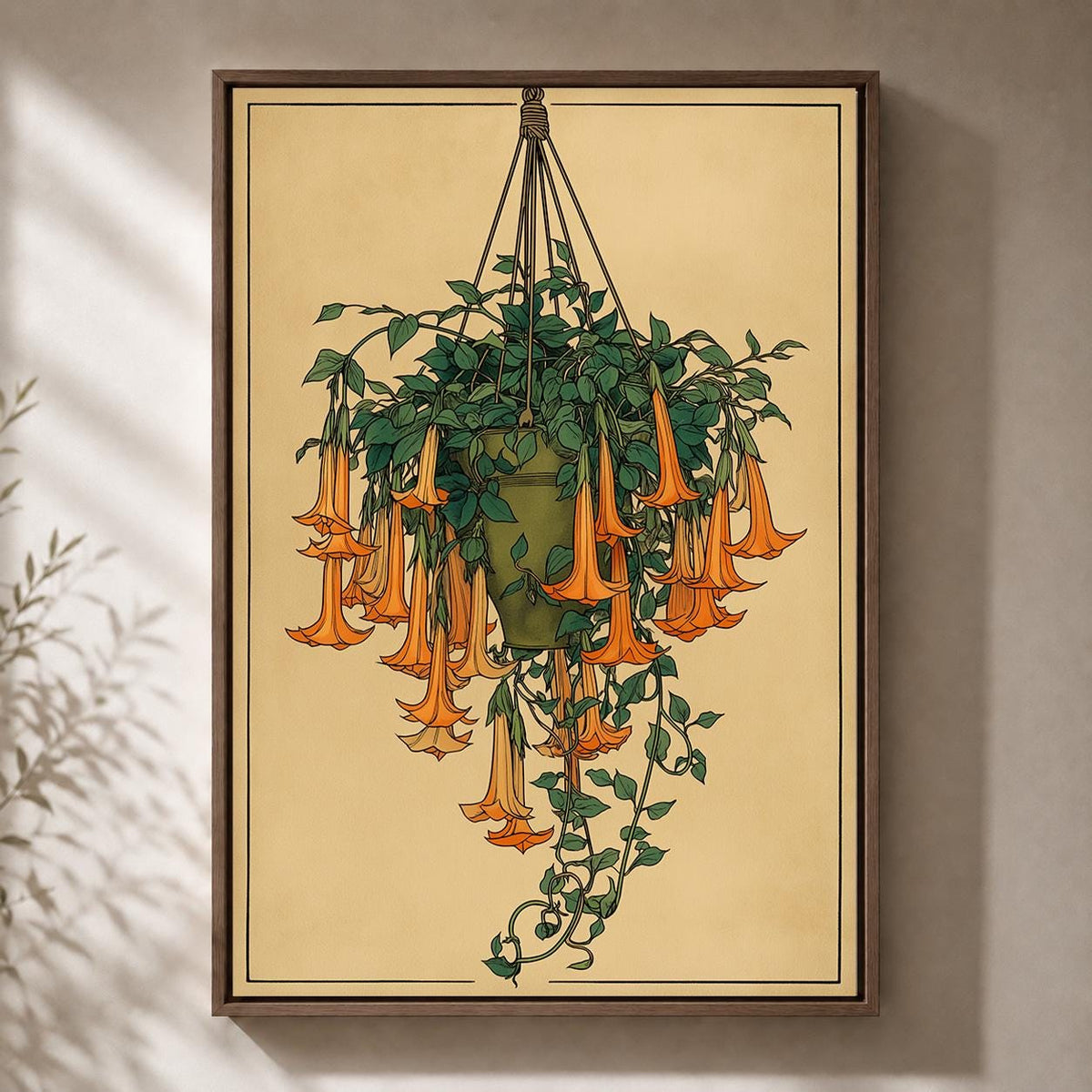 Hanging Angel Trumpet Botanical Framed Canvas, Vintage Flower Framed Canvas Artwork by The Wall Art Studio - physical