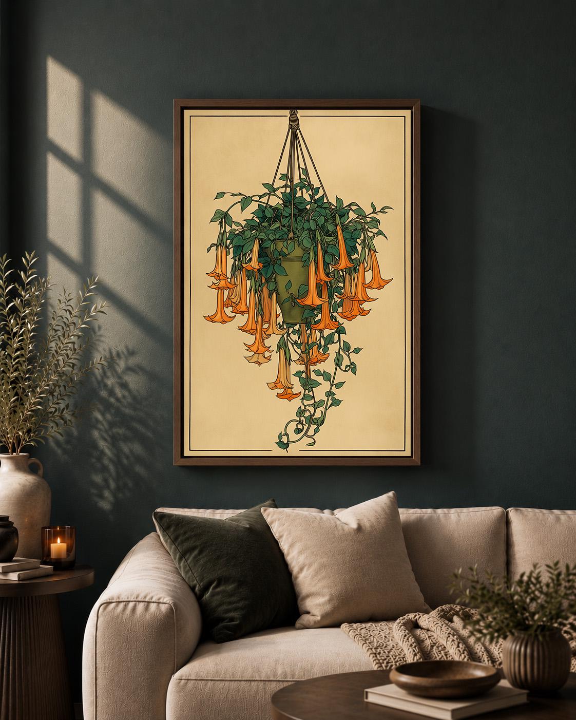 Hanging Angel Trumpet Botanical Framed Canvas, Vintage Flower Framed Canvas Artwork by The Wall Art Studio - physical