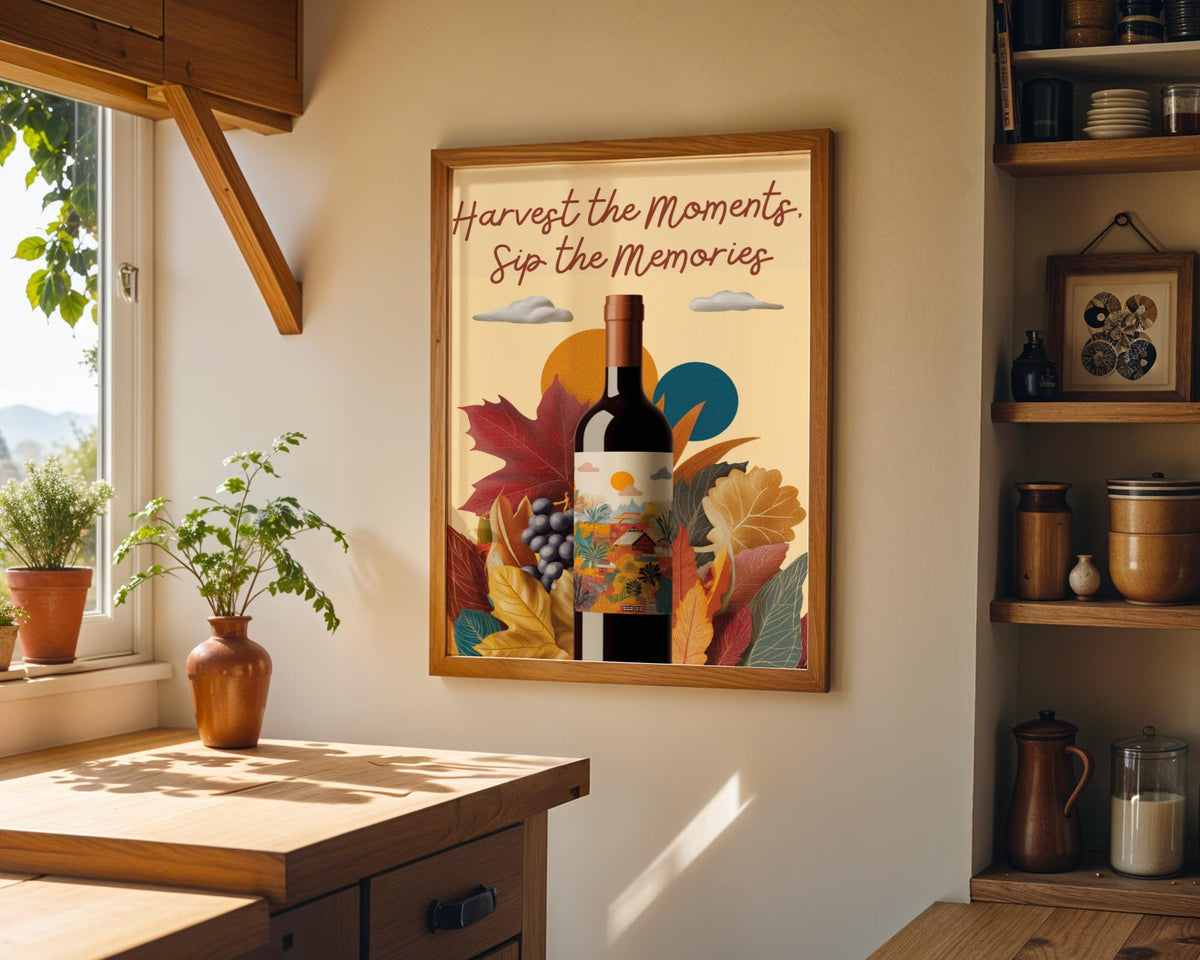 Harvest the Moments Sip the Memories | Autumn Wine Quote Wall Art Print | Fall Art | Vintage | Wine Print Wall | Kitchen W...
