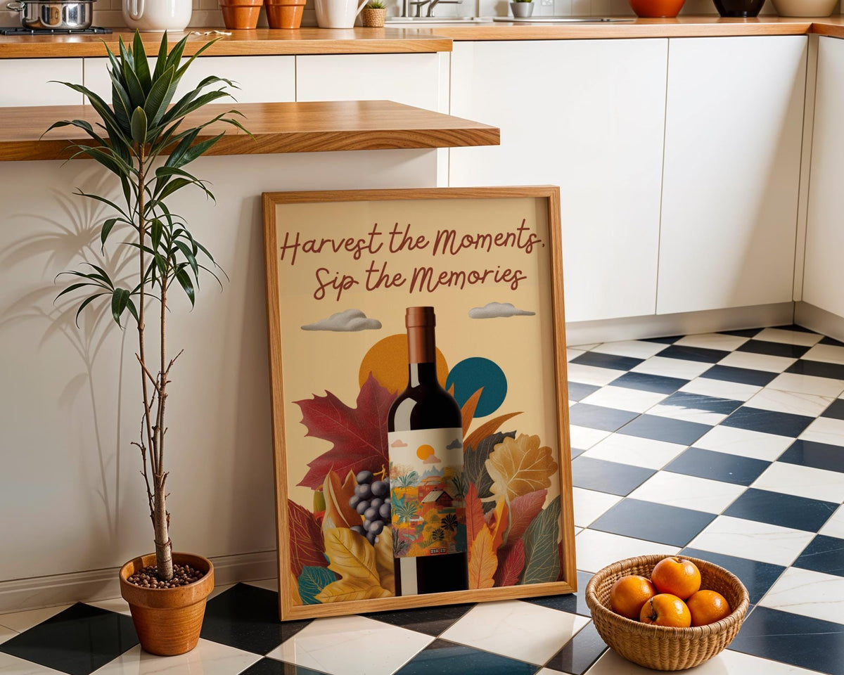 Harvest the Moments Sip the Memories | Autumn Wine Quote Wall Art Print | Fall Art | Vintage | Wine Print Wall | Kitchen W...