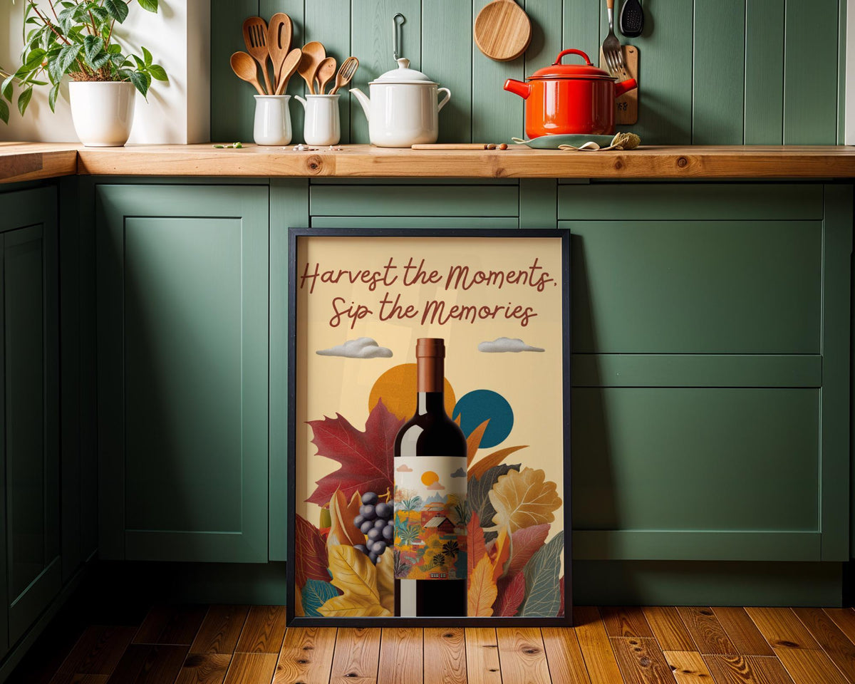 Harvest the Moments Sip the Memories | Autumn Wine Quote Wall Art Print | Fall Art | Vintage | Wine Print Wall | Kitchen W...
