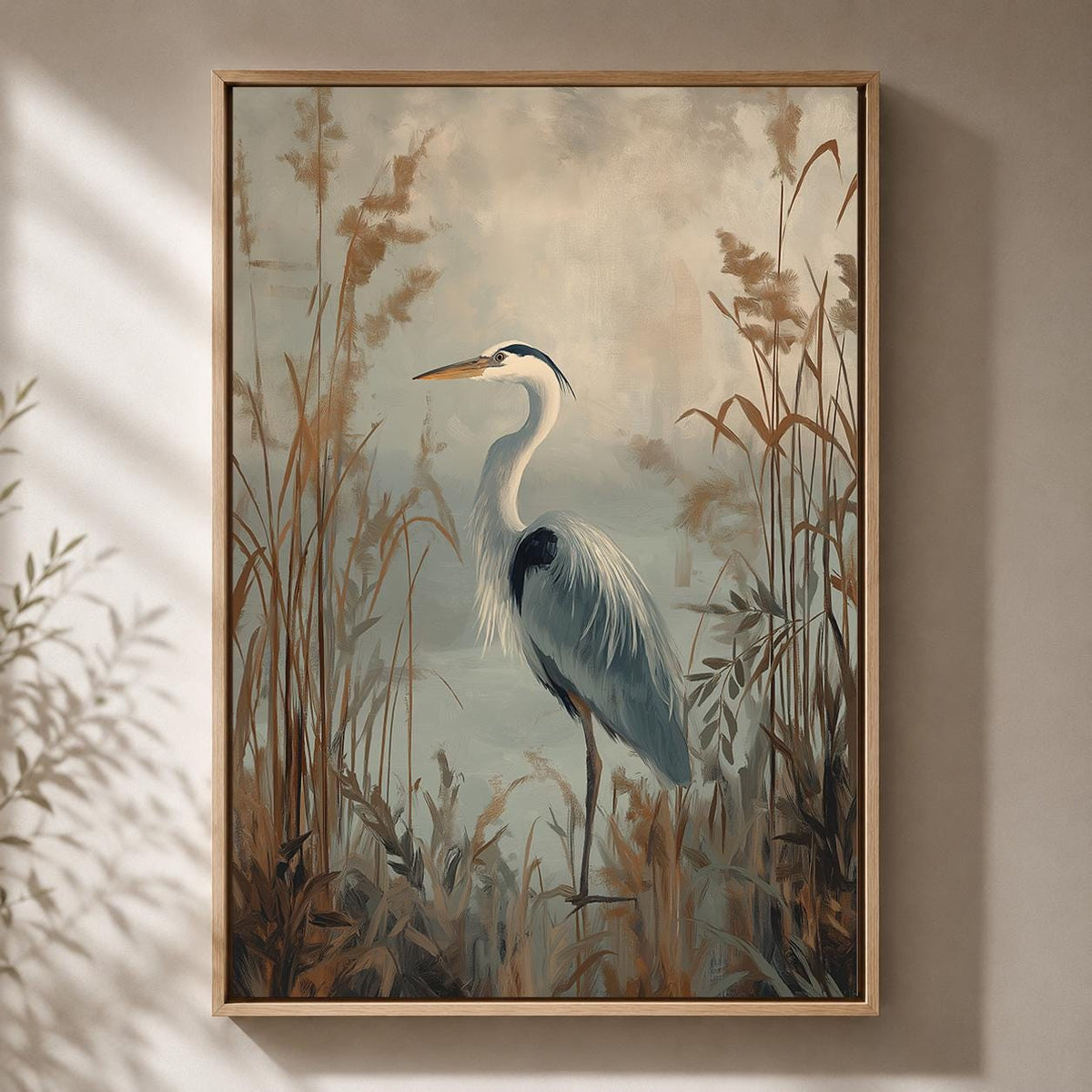 Heron Framed Canvas, Moody Coastal Bird Print, Neutral Marsh Landscape Artwork by The Wall Art Studio - physical