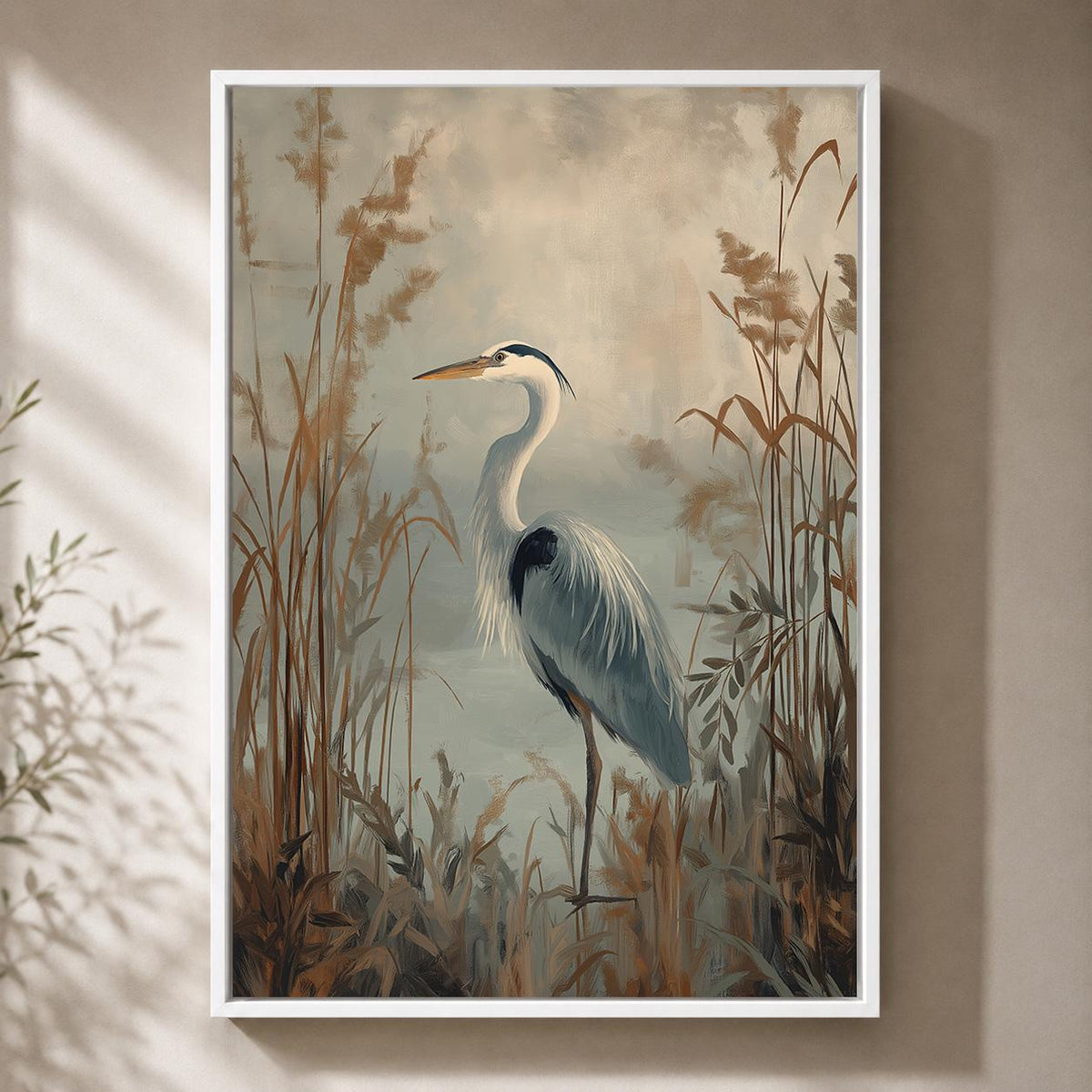 Heron Framed Canvas, Moody Coastal Bird Print, Neutral Marsh Landscape Artwork by The Wall Art Studio - physical
