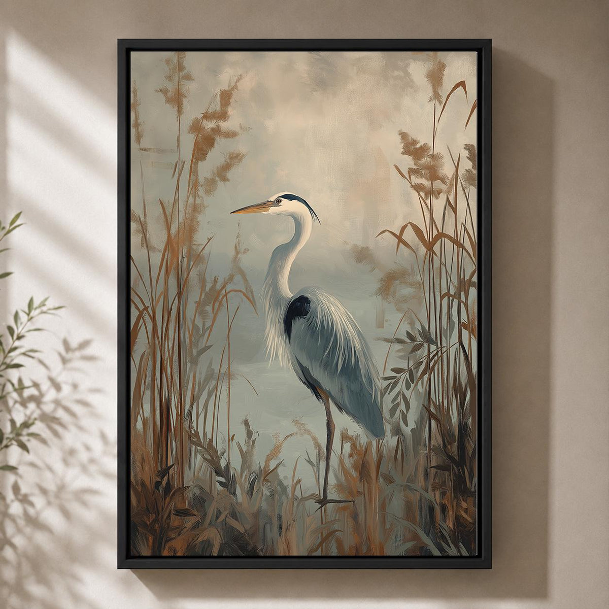 Heron Framed Canvas, Moody Coastal Bird Print, Neutral Marsh Landscape Artwork by The Wall Art Studio - physical