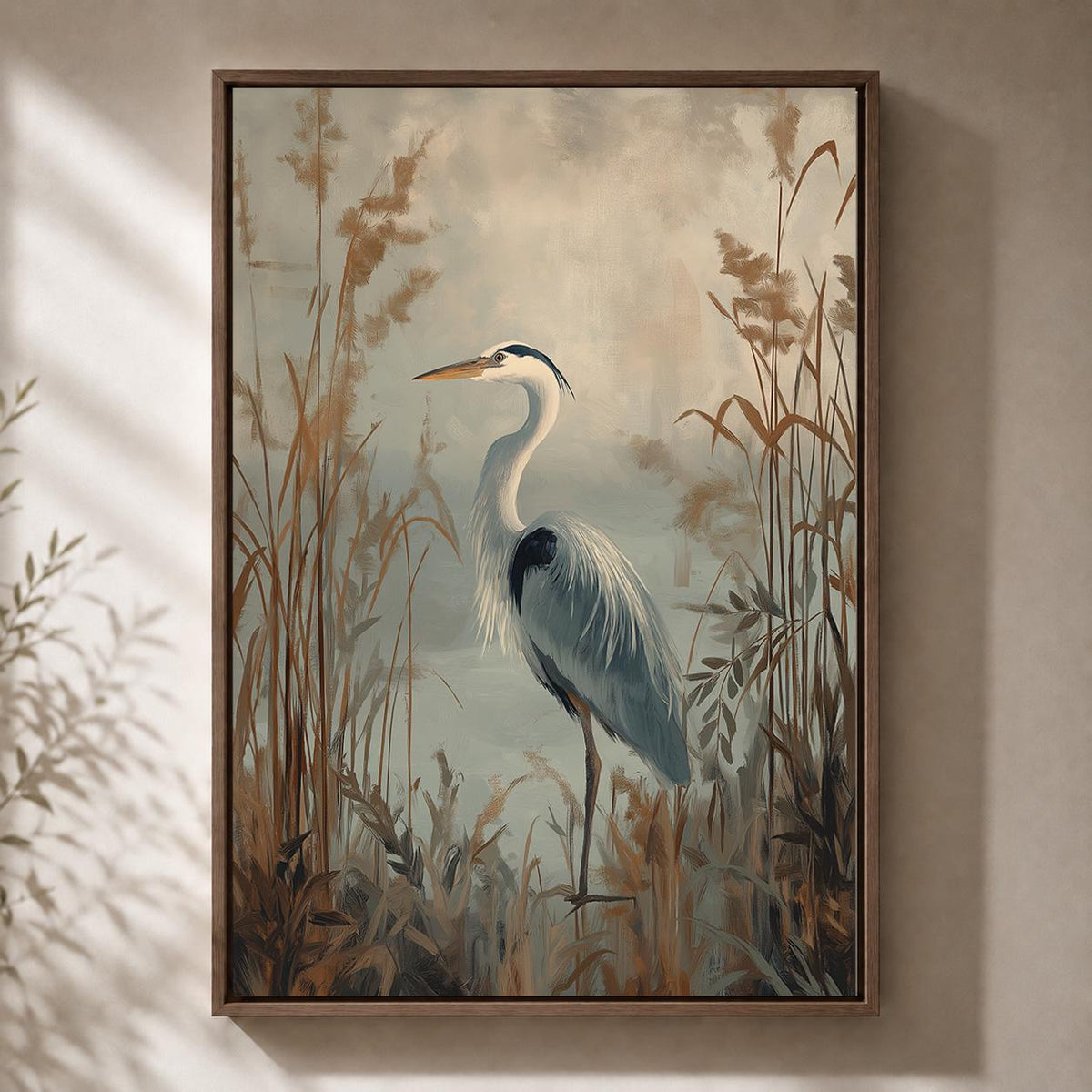 Heron Framed Canvas, Moody Coastal Bird Print, Neutral Marsh Landscape Artwork by The Wall Art Studio - physical