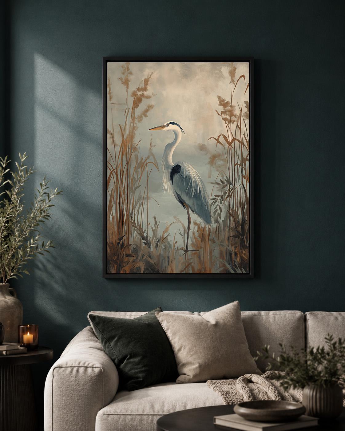 Heron Framed Canvas, Moody Coastal Bird Print, Neutral Marsh Landscape Artwork by The Wall Art Studio - physical