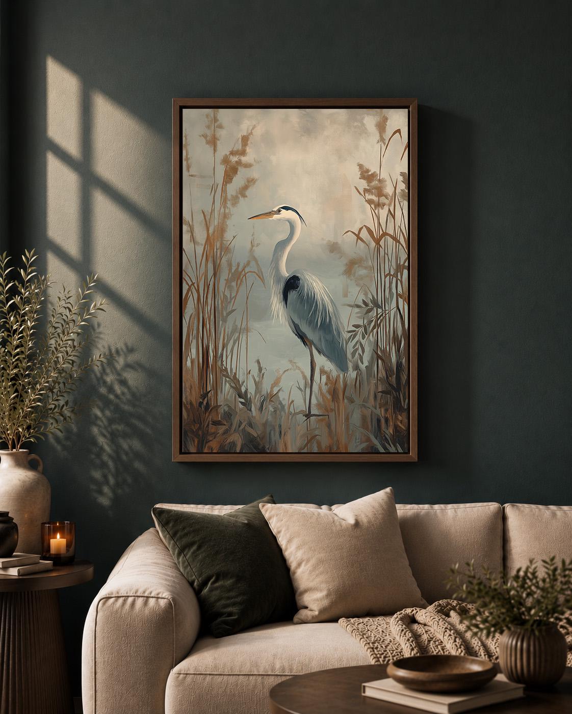 Heron Framed Canvas, Moody Coastal Bird Print, Neutral Marsh Landscape Artwork by The Wall Art Studio - physical