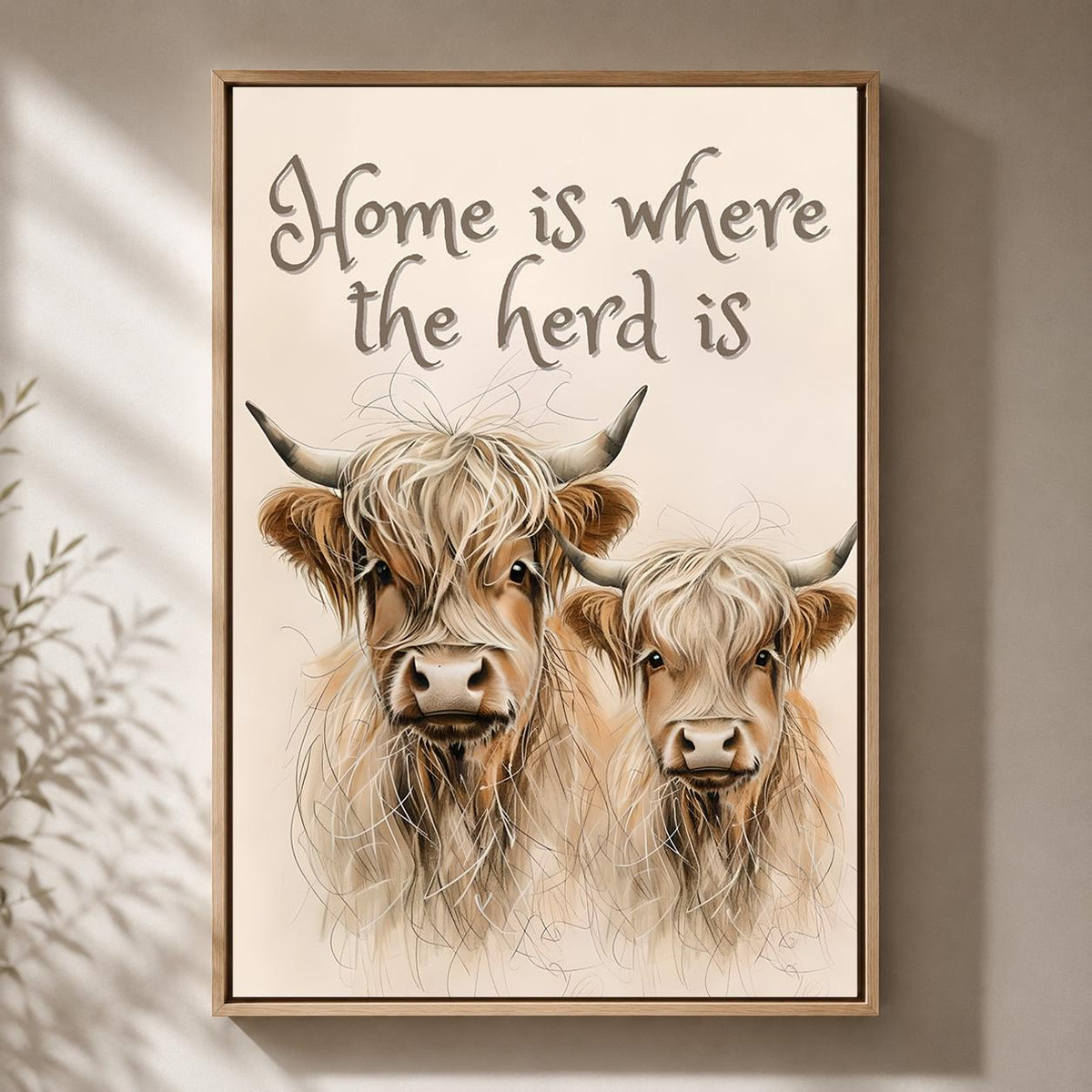 Highland Cow Framed Canvas Art, Rustic Farmhouse Herd Print by The Wall Art Studio - physical