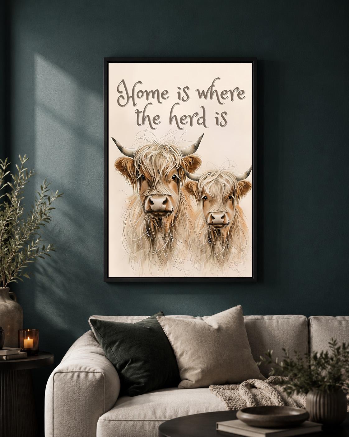 Highland Cow Framed Canvas Art, Rustic Farmhouse Herd Print by The Wall Art Studio - physical