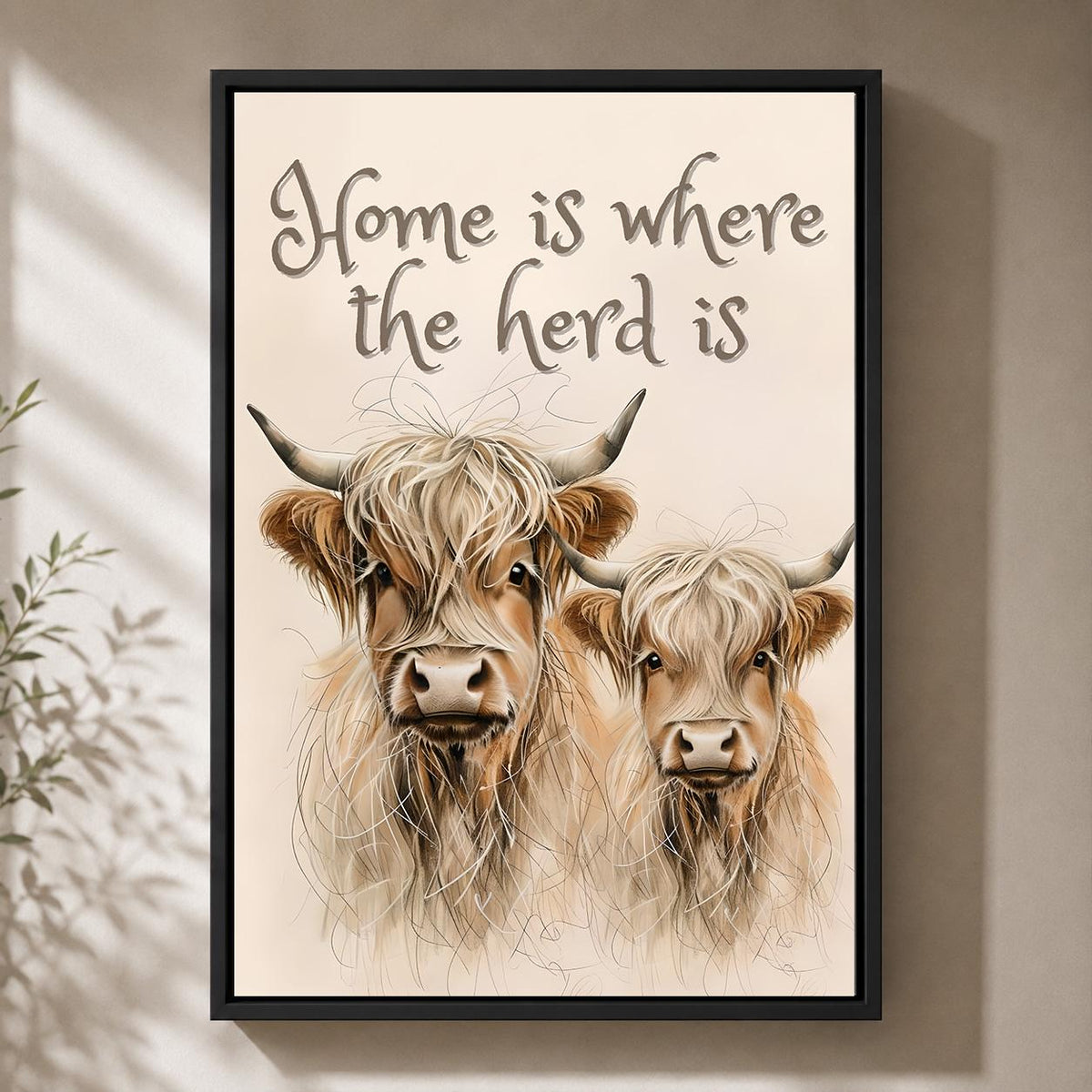 Highland Cow Framed Canvas Art, Rustic Farmhouse Herd Print by The Wall Art Studio - physical