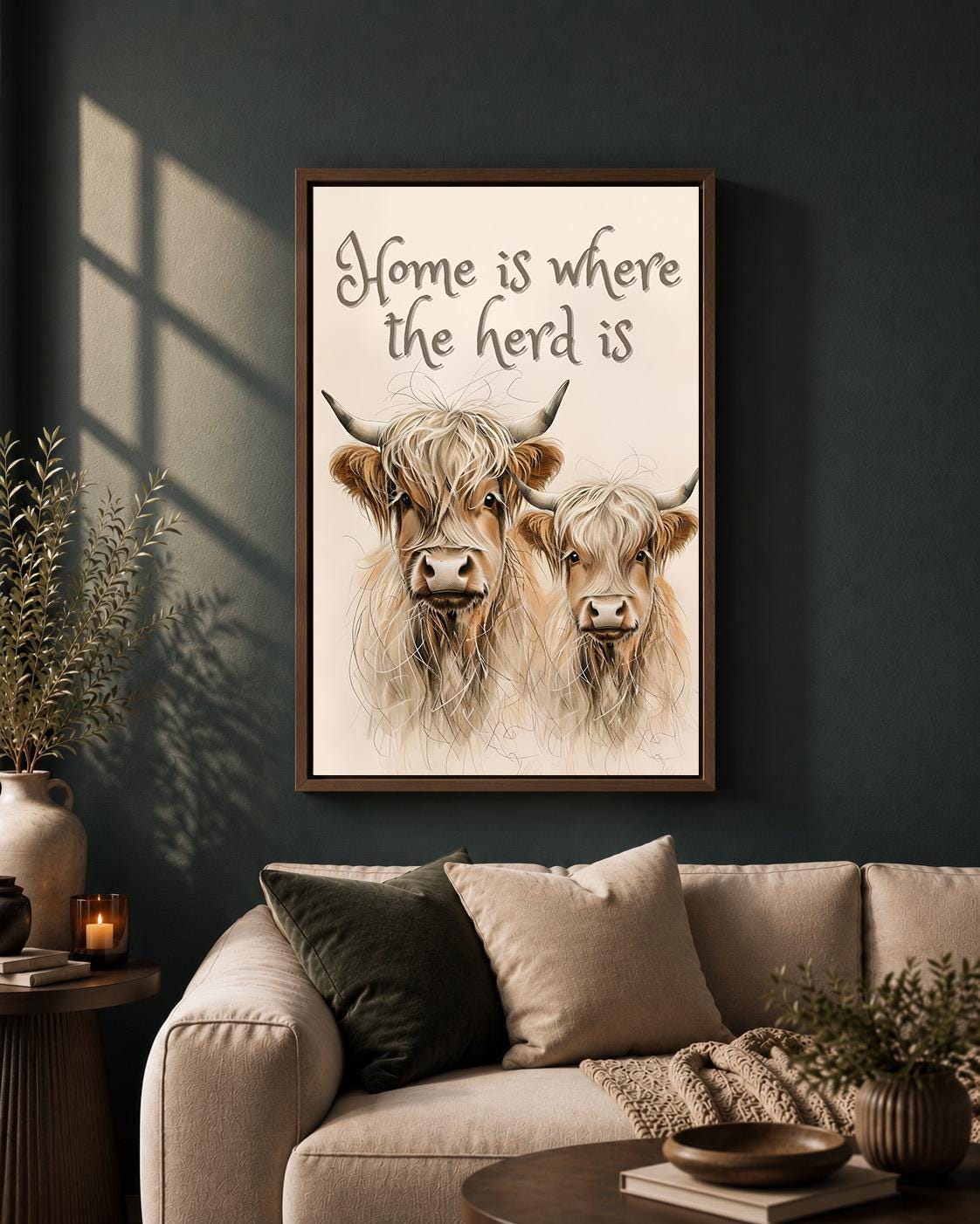 Highland Cow Framed Canvas Art, Rustic Farmhouse Herd Print by The Wall Art Studio - physical