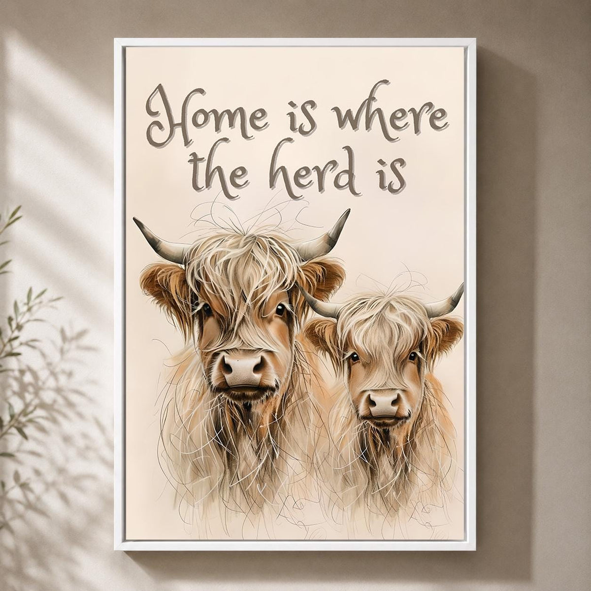 Highland Cow Framed Canvas Art, Rustic Farmhouse Herd Print by The Wall Art Studio - physical