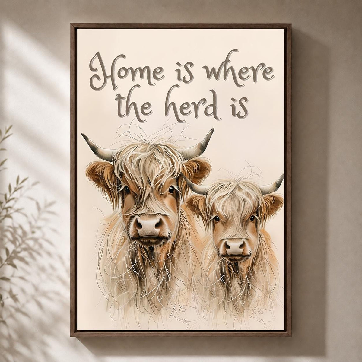 Highland Cow Framed Canvas Art, Rustic Farmhouse Herd Print by The Wall Art Studio - physical