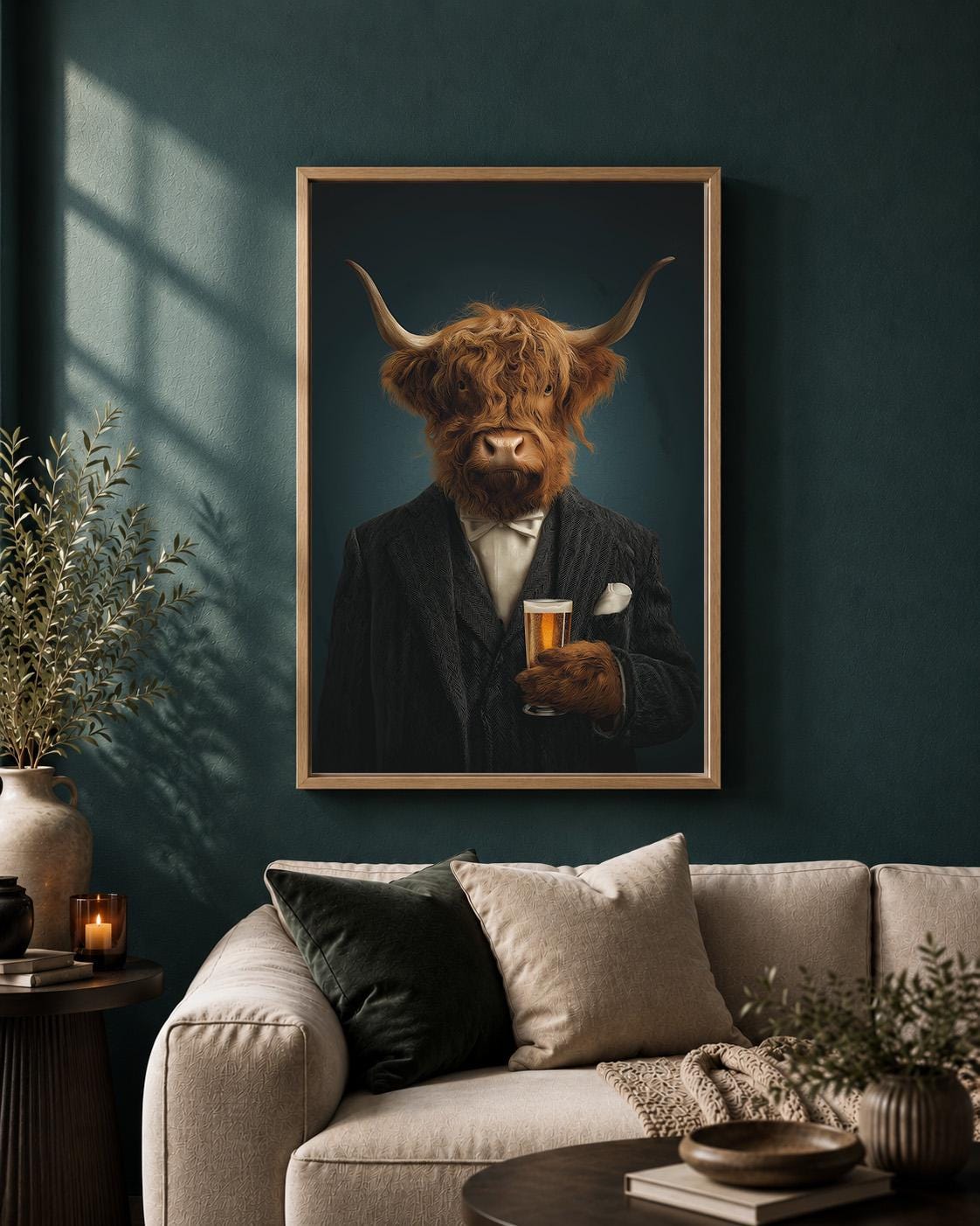 Highland Cow Gentleman Framed Canvas Art, Funny Animal Portrait, Moody Whiskey Decor by The Wall Art Studio - physical