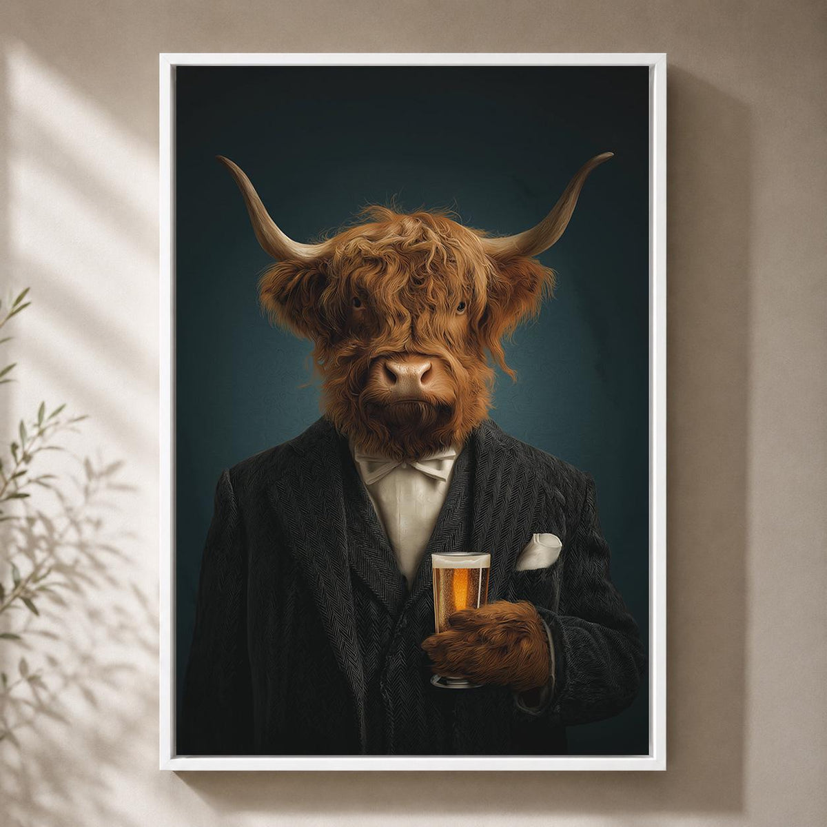 Highland Cow Gentleman Framed Canvas Art, Funny Animal Portrait, Moody Whiskey Decor by The Wall Art Studio - physical