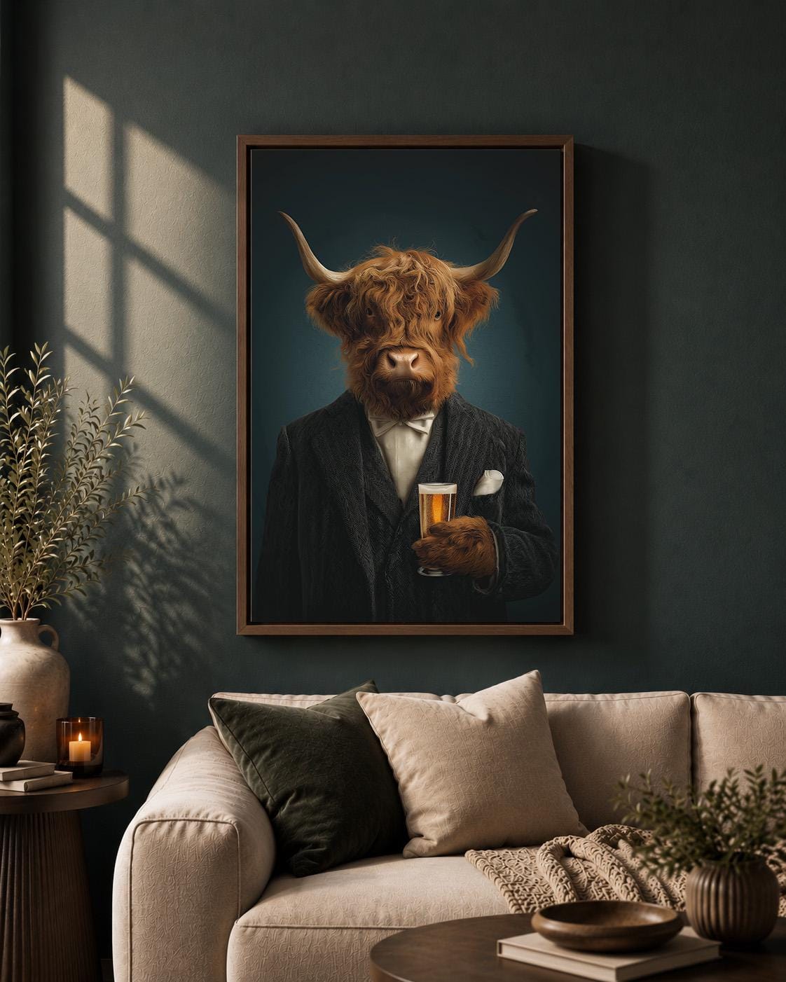 Highland Cow Gentleman Framed Canvas Art, Funny Animal Portrait, Moody Whiskey Decor by The Wall Art Studio - physical
