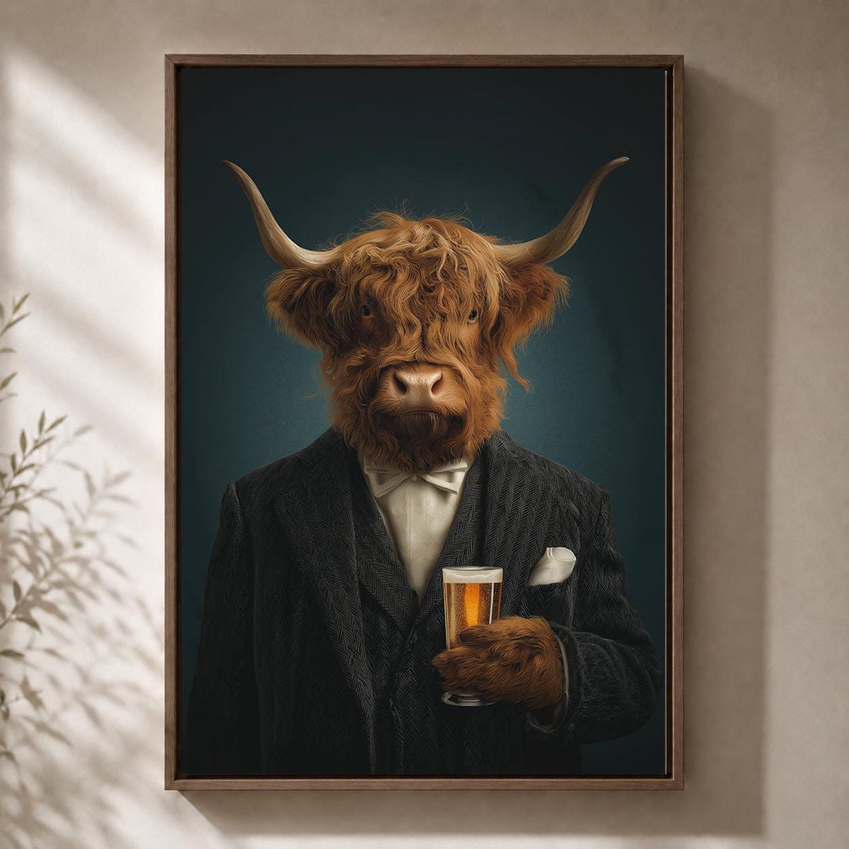 Highland Cow Gentleman Framed Canvas Art, Funny Animal Portrait, Moody Whiskey Decor by The Wall Art Studio - physical