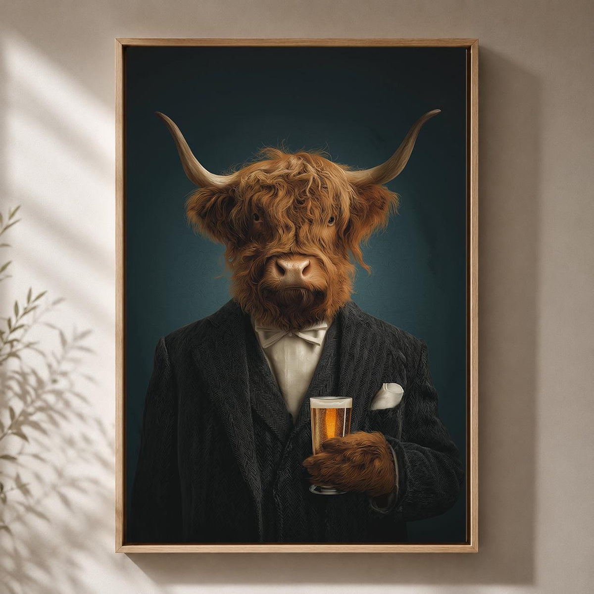 Highland Cow Gentleman Framed Canvas Art, Funny Animal Portrait, Moody Whiskey Decor by The Wall Art Studio - physical