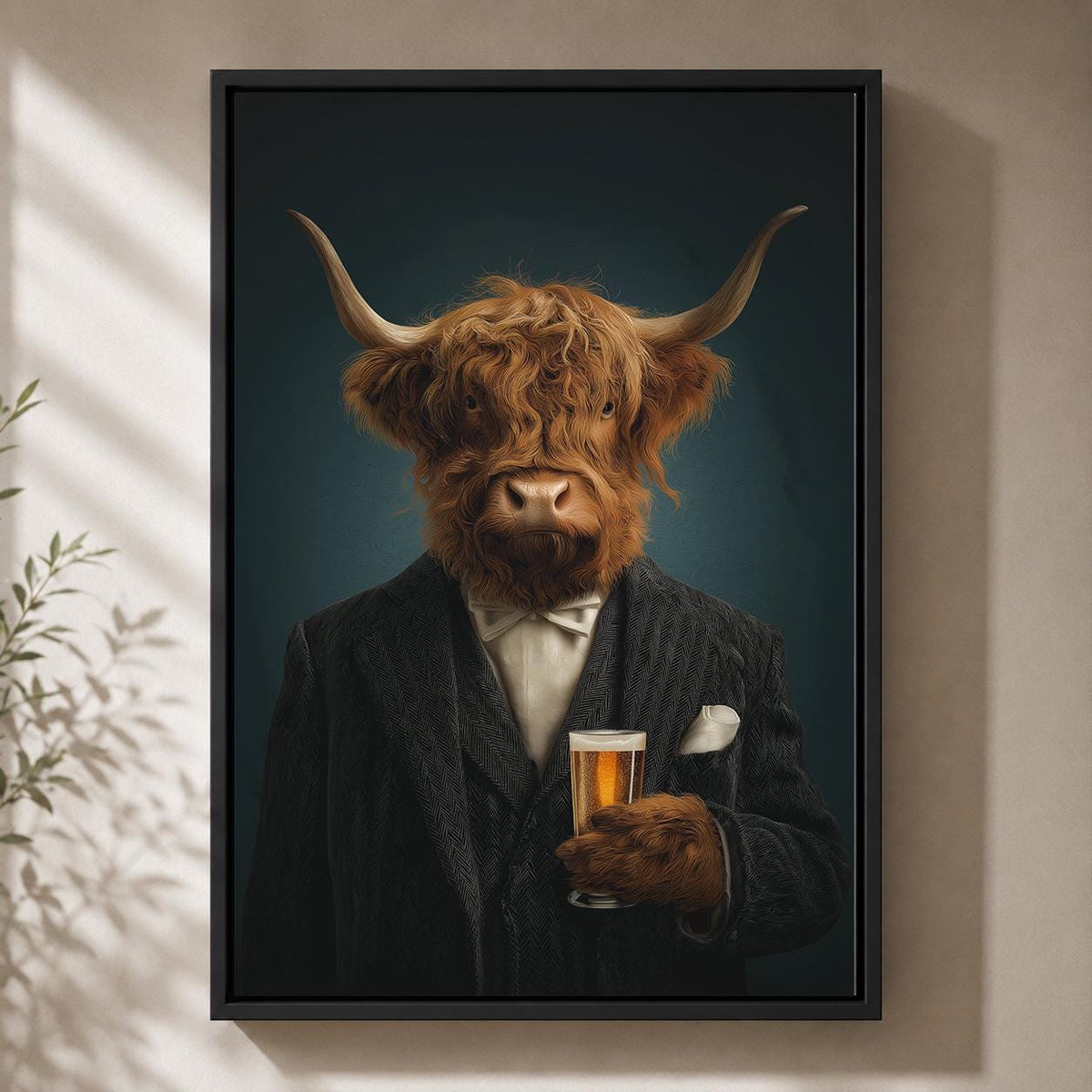 Highland Cow Gentleman Framed Canvas Art, Funny Animal Portrait, Moody Whiskey Decor by The Wall Art Studio - physical