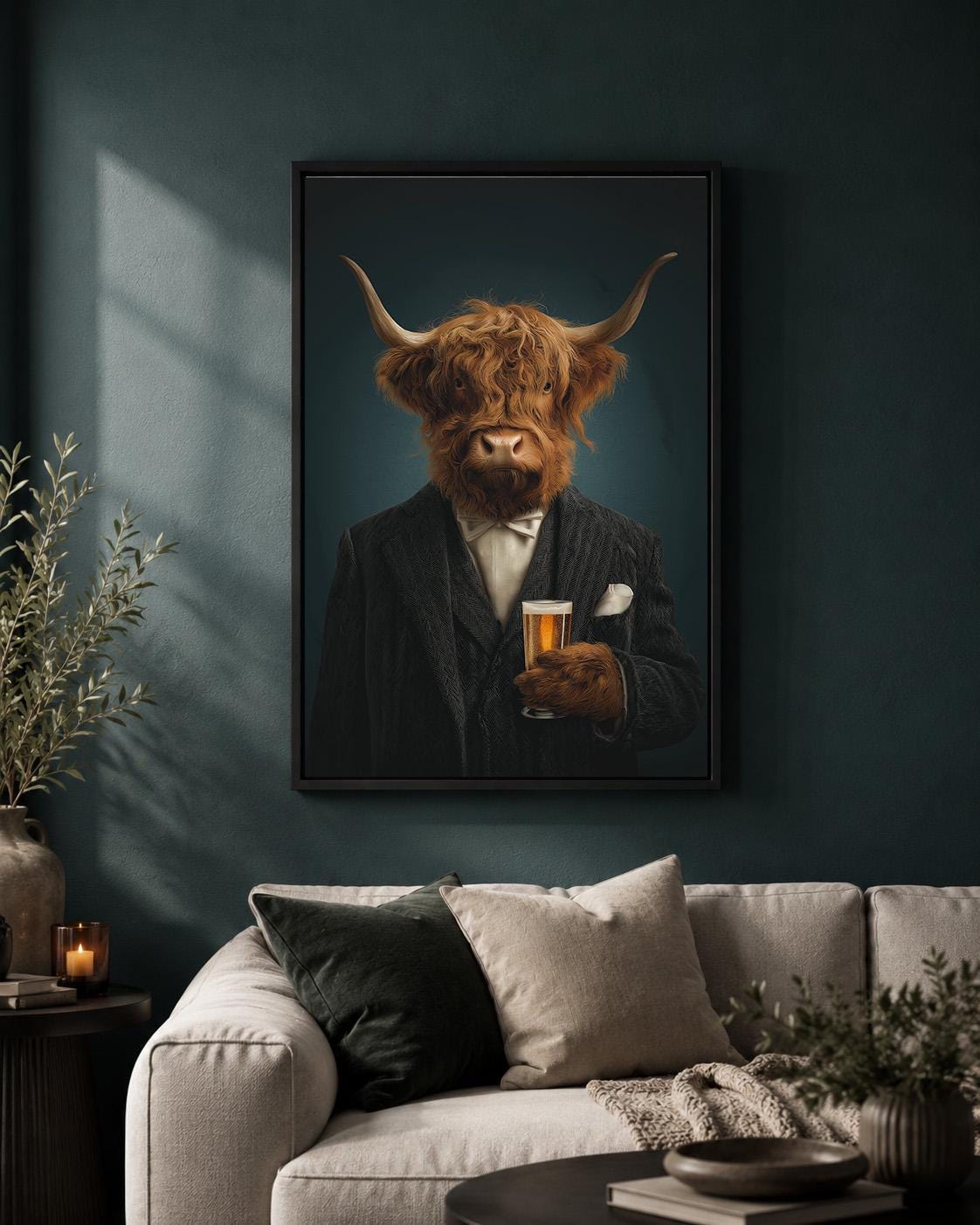 Highland Cow Gentleman Framed Canvas Art, Funny Animal Portrait, Moody Whiskey Decor by The Wall Art Studio - physical