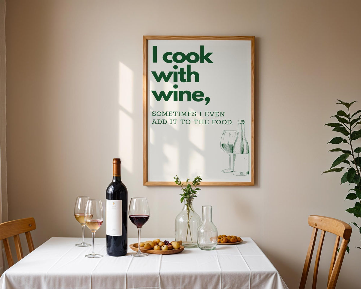 I Cook With Wine Poster | Kitchen Quote Poster | Wine Wall Art | Funny Quote | Funny wall art | Retro | Monocrome | Kitche...