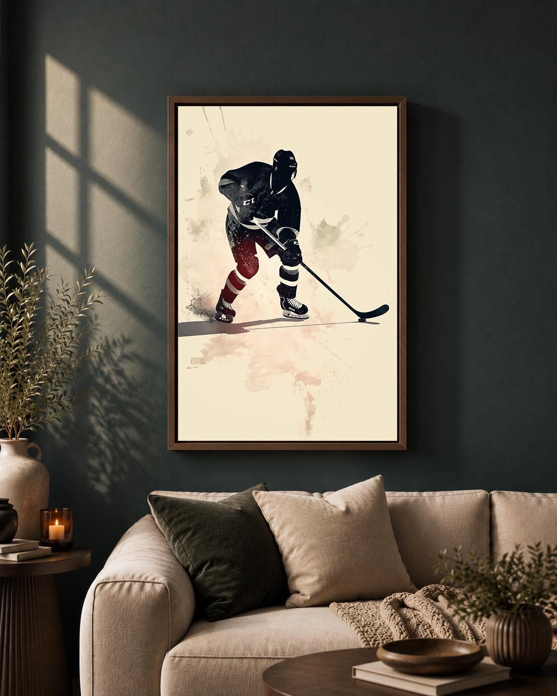 Ice Hockey Player Framed Canvas Art, Sports Wall Decor, Framed Action Print by The Wall Art Studio - physical