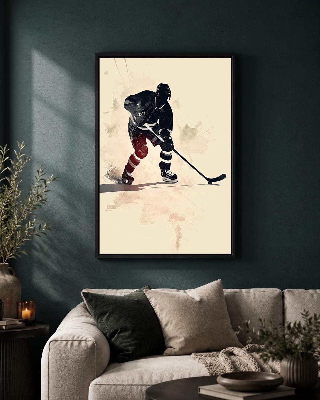 Ice Hockey Player Framed Canvas Art, Sports Wall Decor, Framed Action Print by The Wall Art Studio - physical