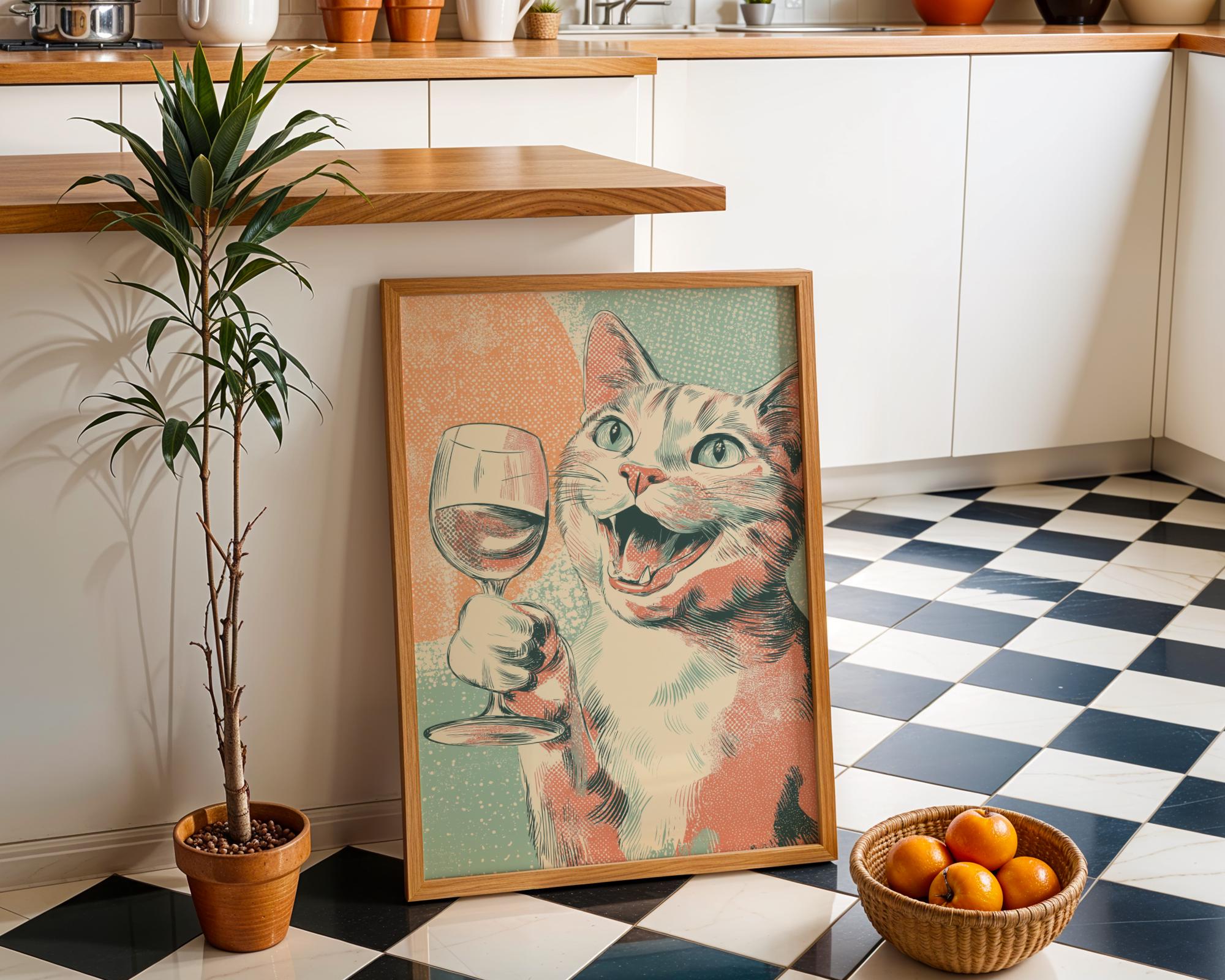 Retro Pop Art Cat with Wine Print