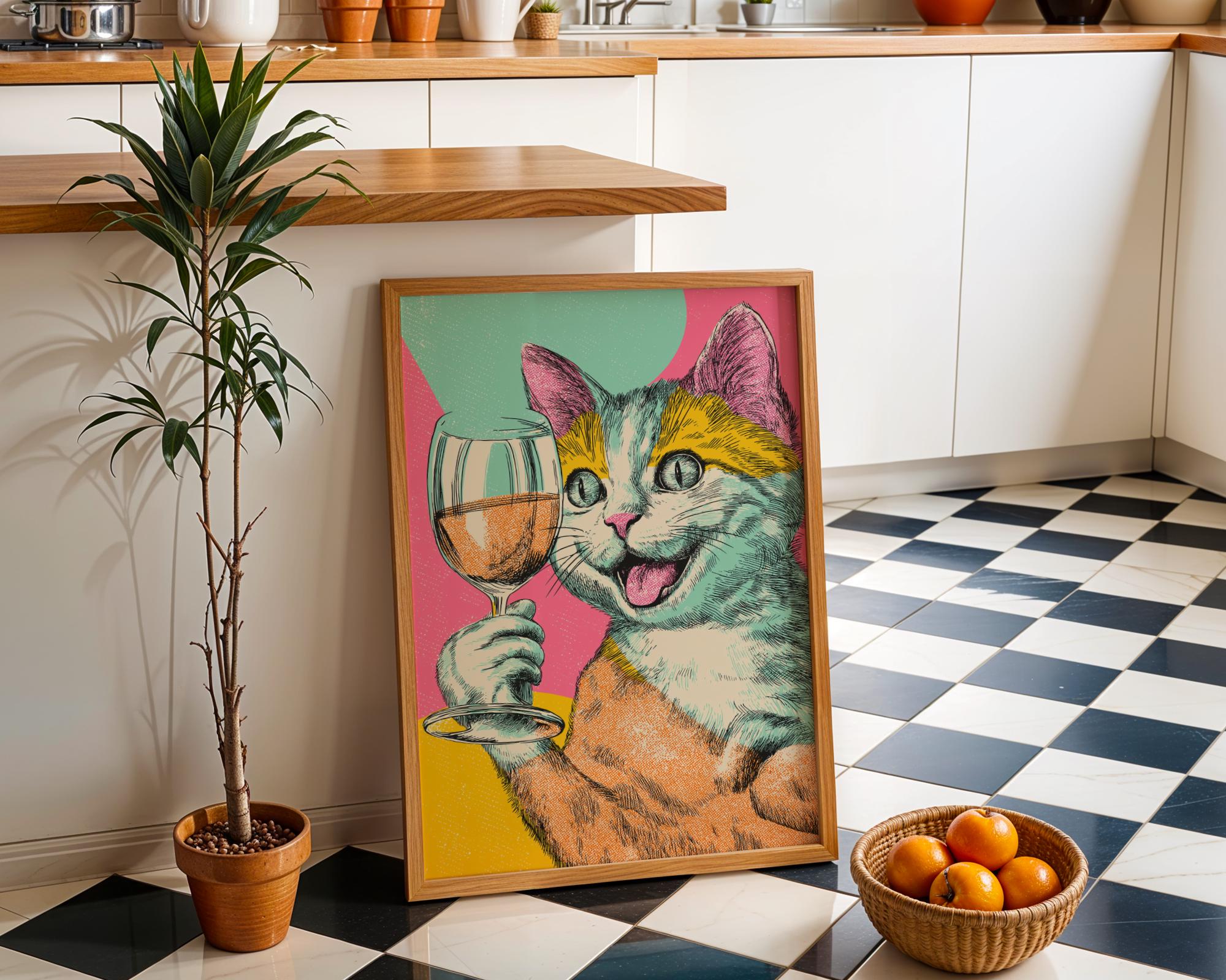 Retro Pop Art Cat with Wine Print 3