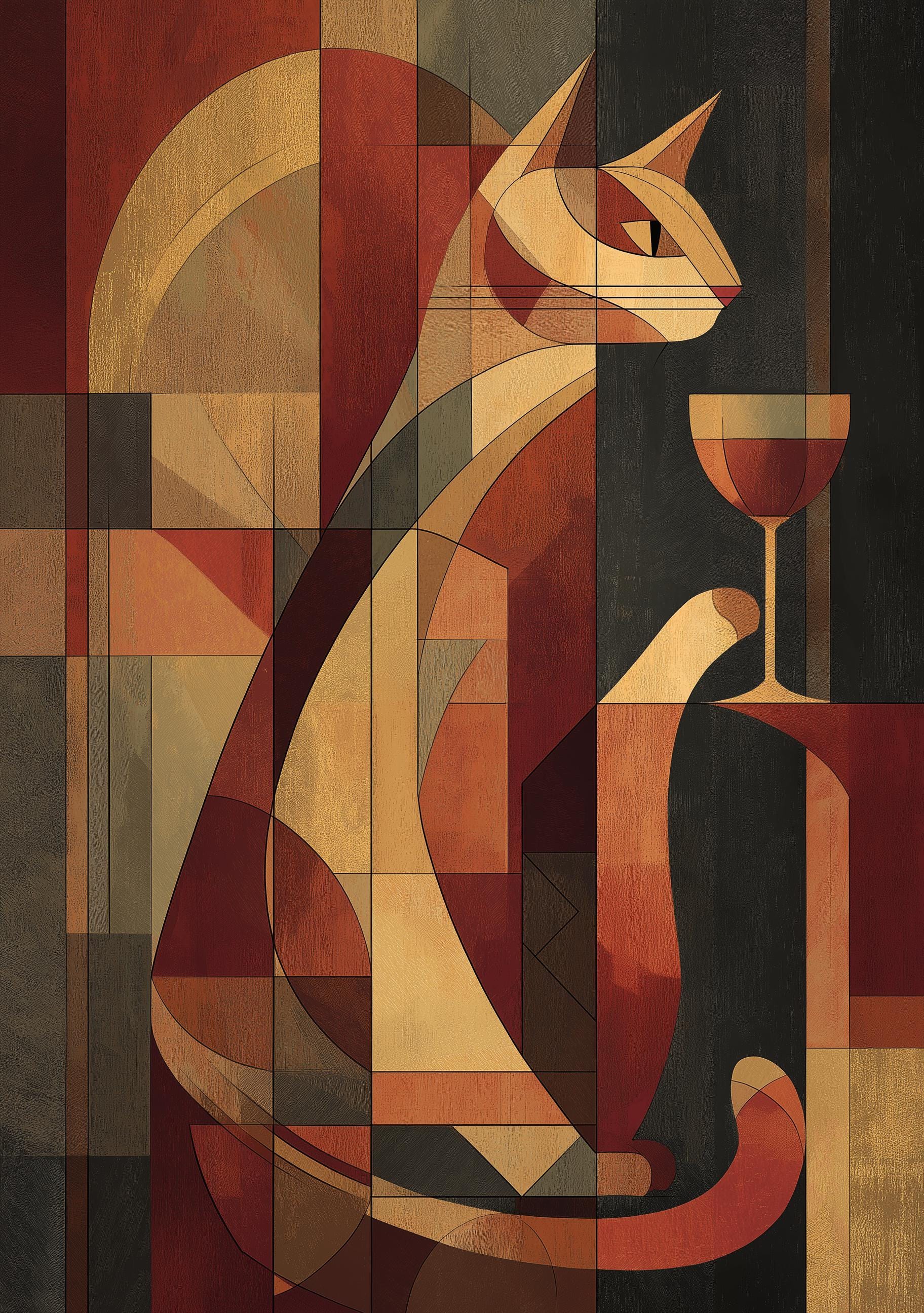 Cubist Cat With Wine Mid-Century Modern Wall Art 4