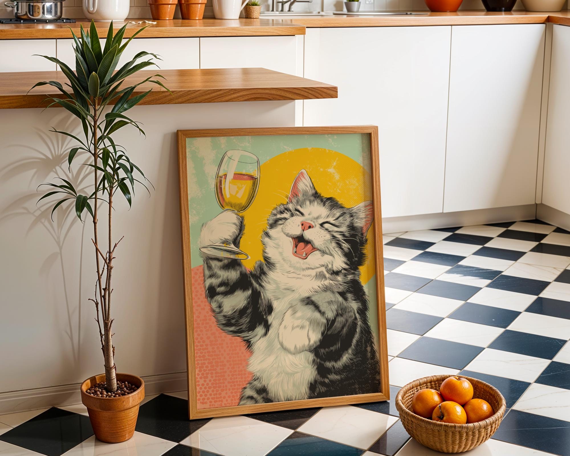Retro Pop Art Cat with Wine Print 2