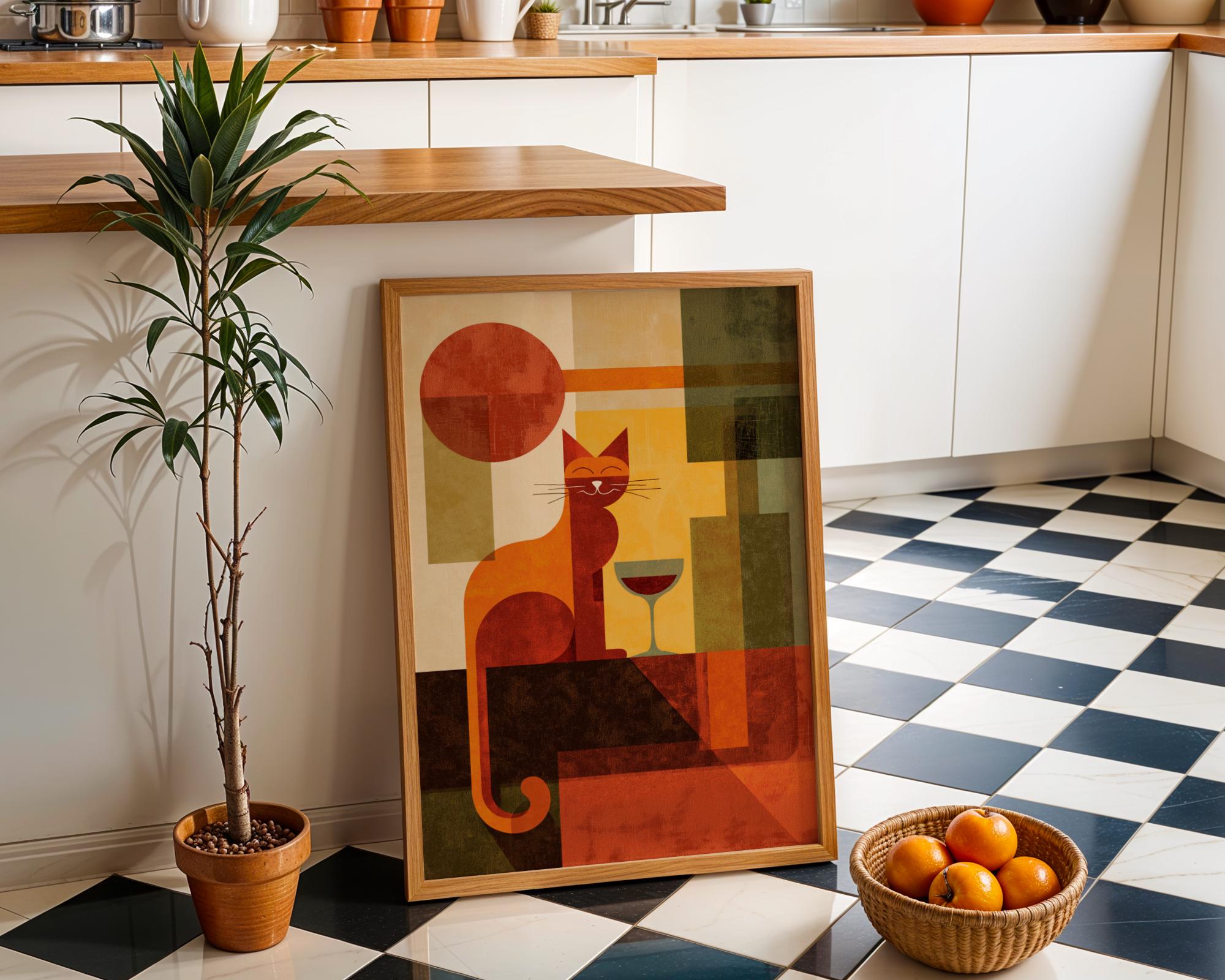 Cubist Cat With Wine Mid-Century Modern Wall Art
