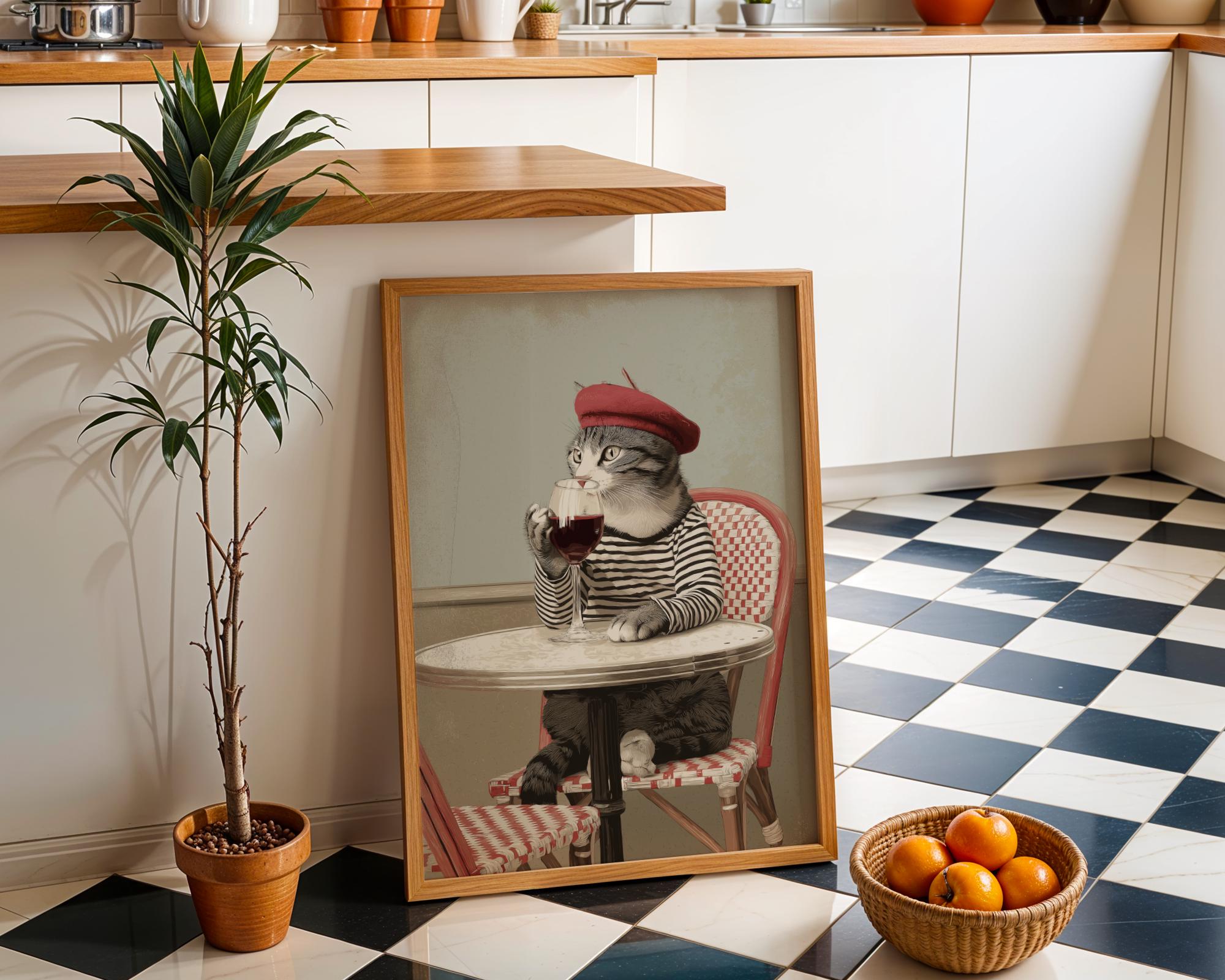 Parisian French Café Cat with Wine Print 2