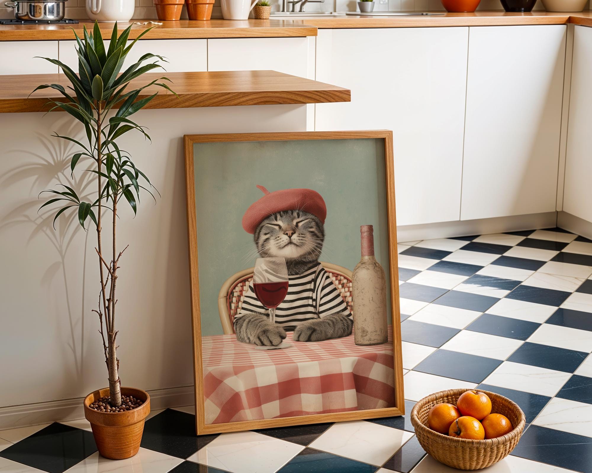 Parisian French Café Cat with Wine Print