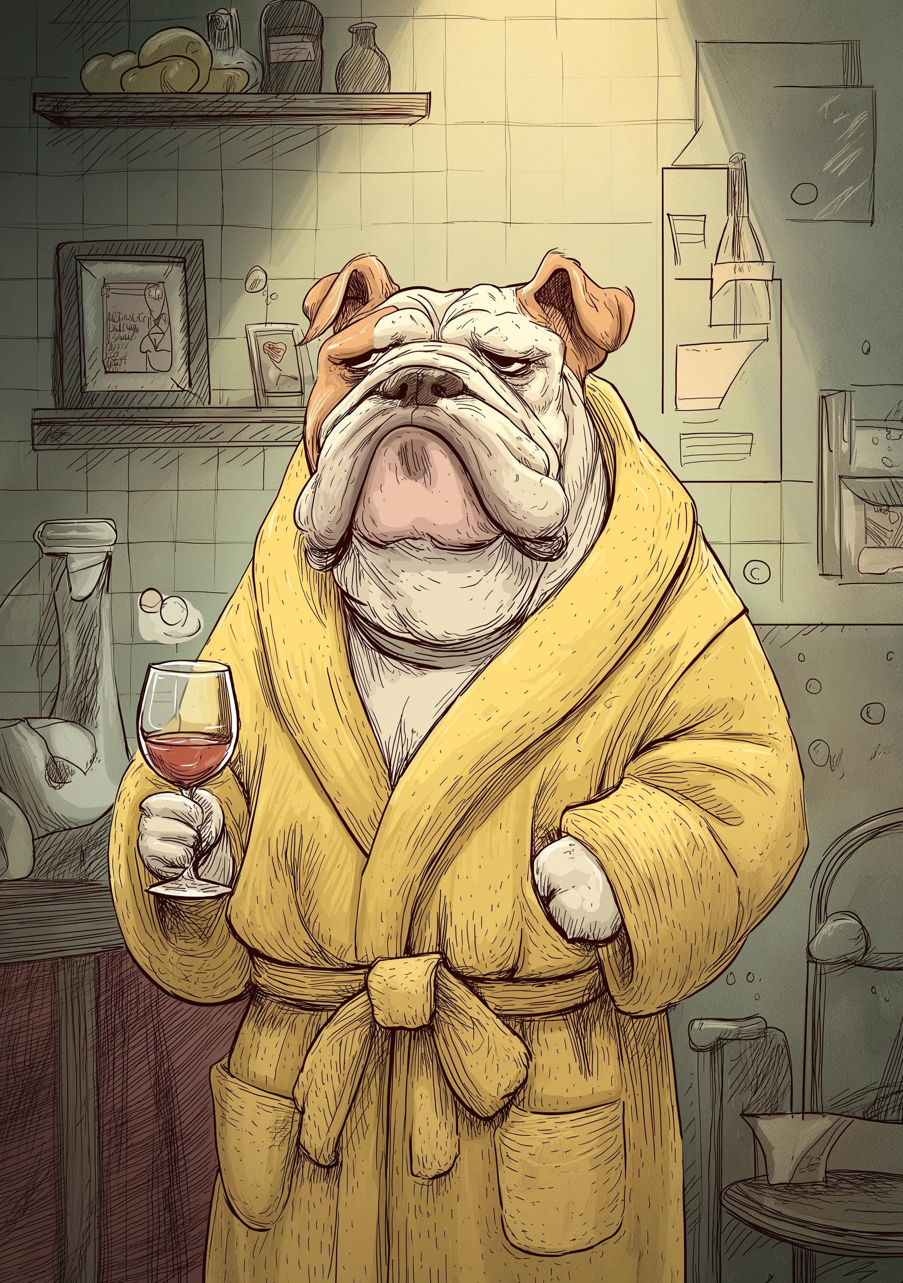Funny Bulldog in Robe Drinking Wine Print 4