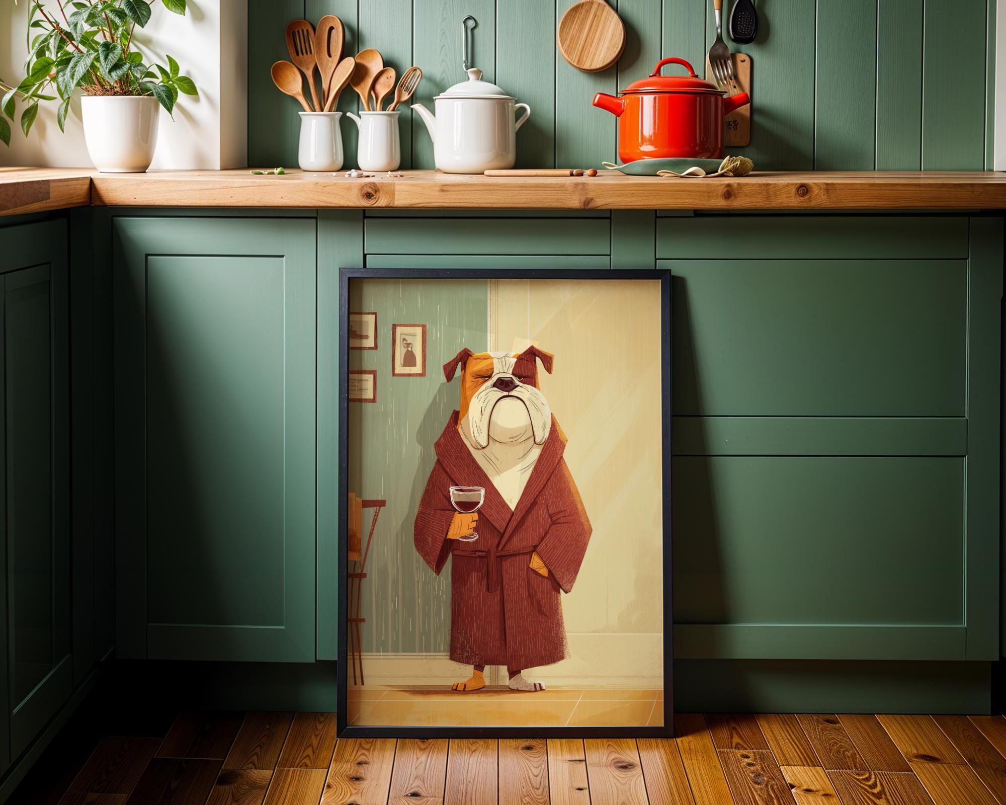 Funny Bulldog in Robe Drinking Wine Print 3