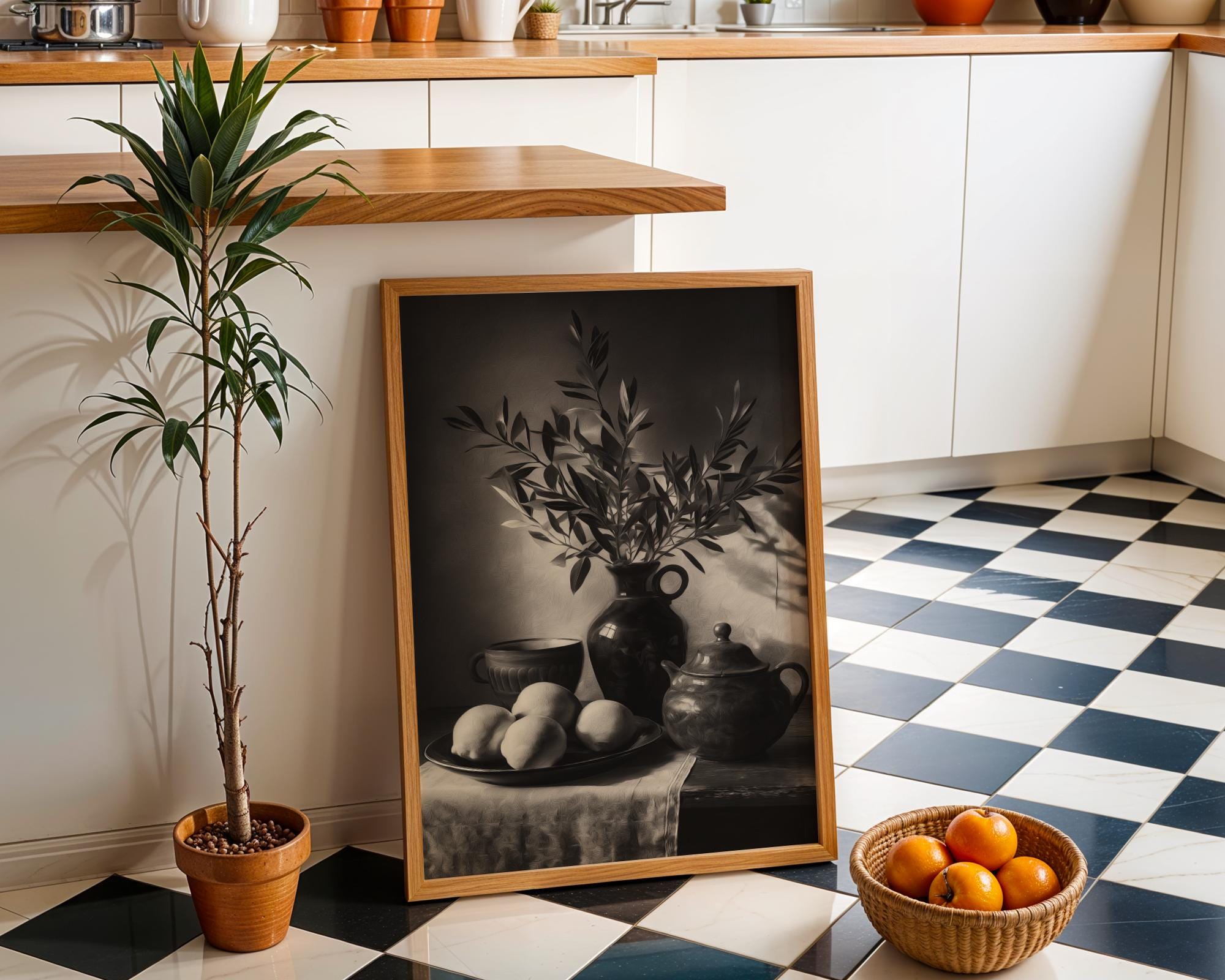 Monochrome Vintage Lemons and Pottery Wall Art