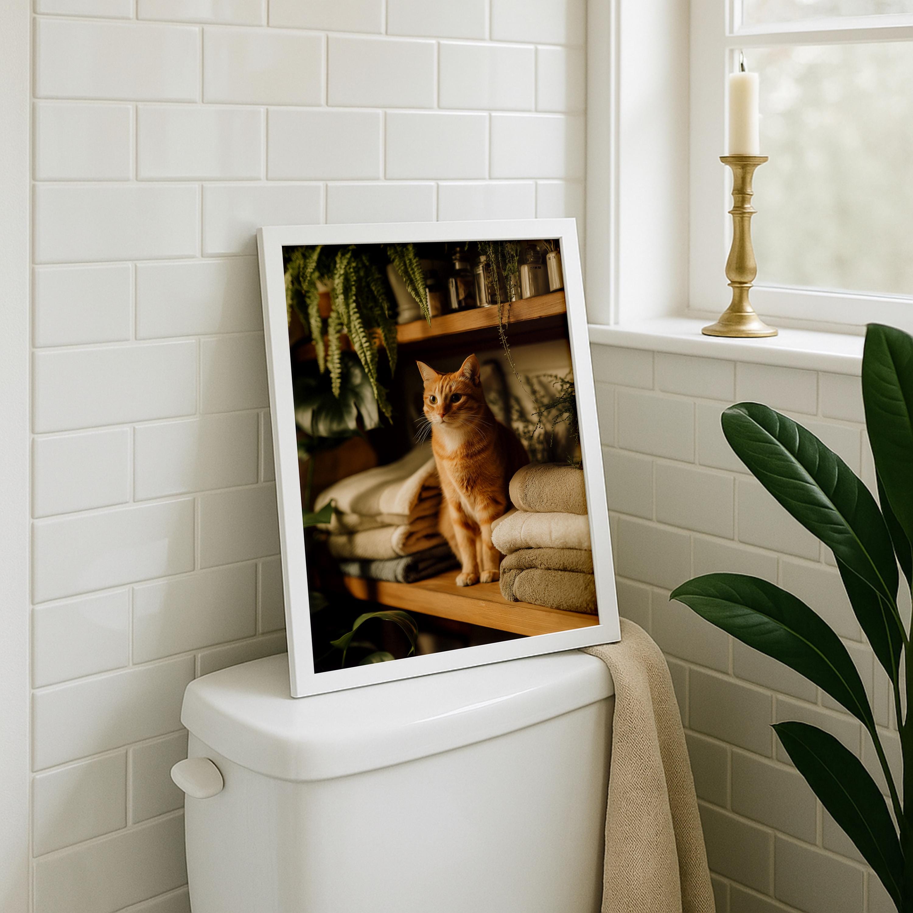 A framed art print featuring an orange tabby cat sitting on a shelf in a bathroom setting, leaning against a white toilet on a white subway-tile wall.