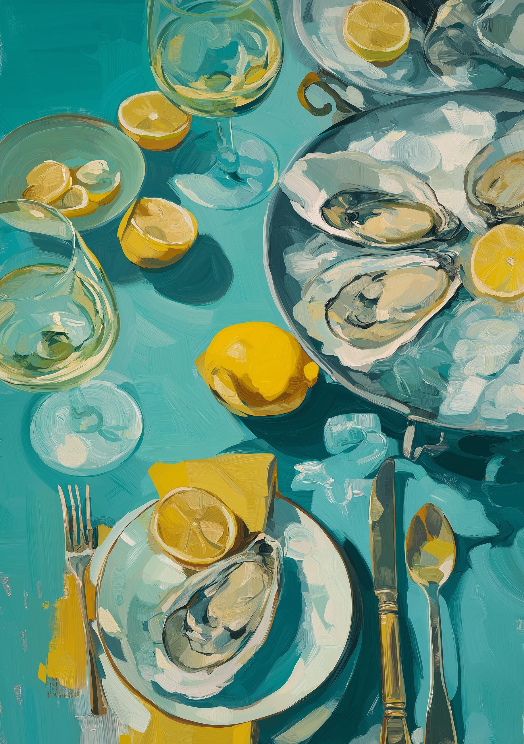 Oysters & White Wine, Lemon and Seafood Still Life