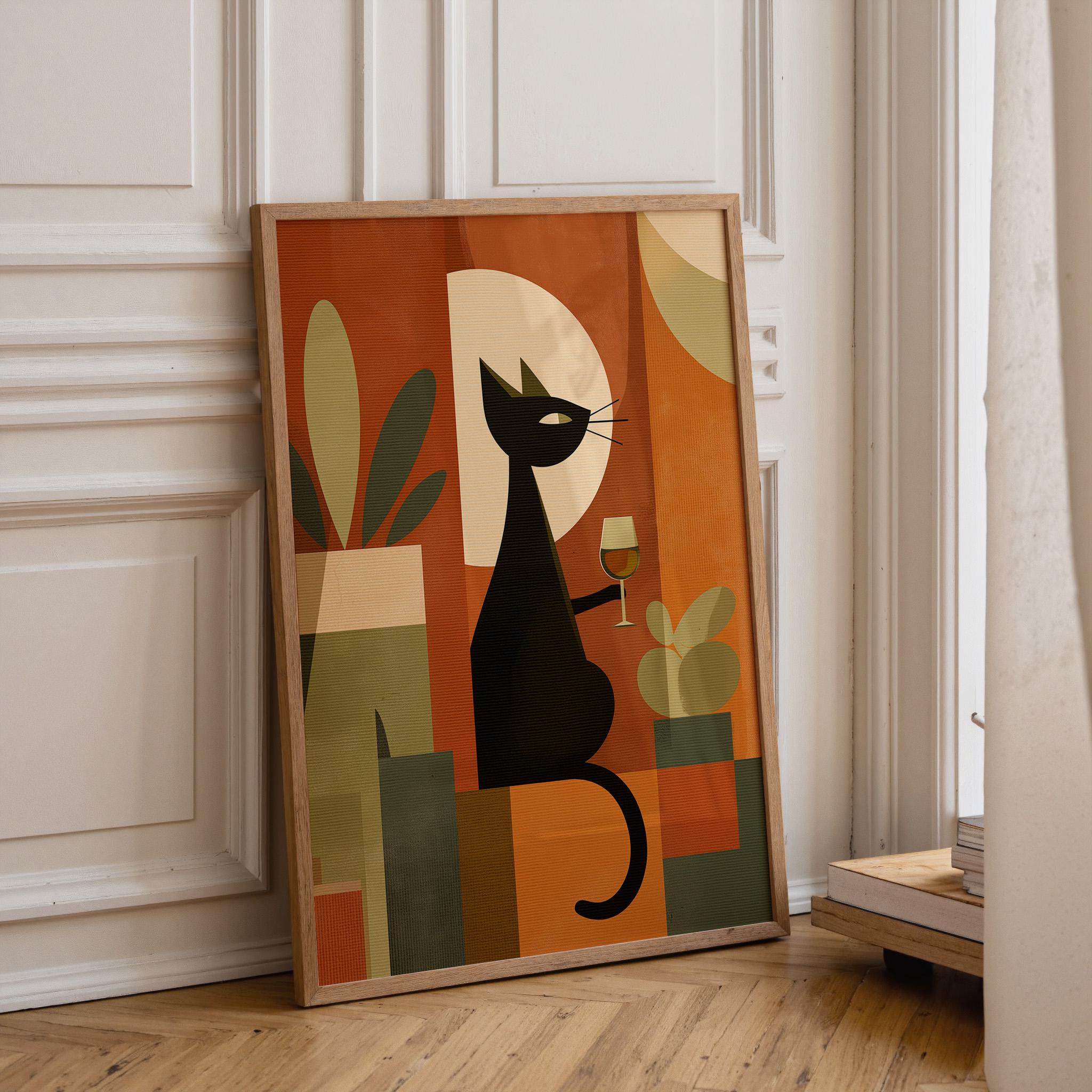 Cubist Cat With Wine Mid-Century Modern Wall Art 2