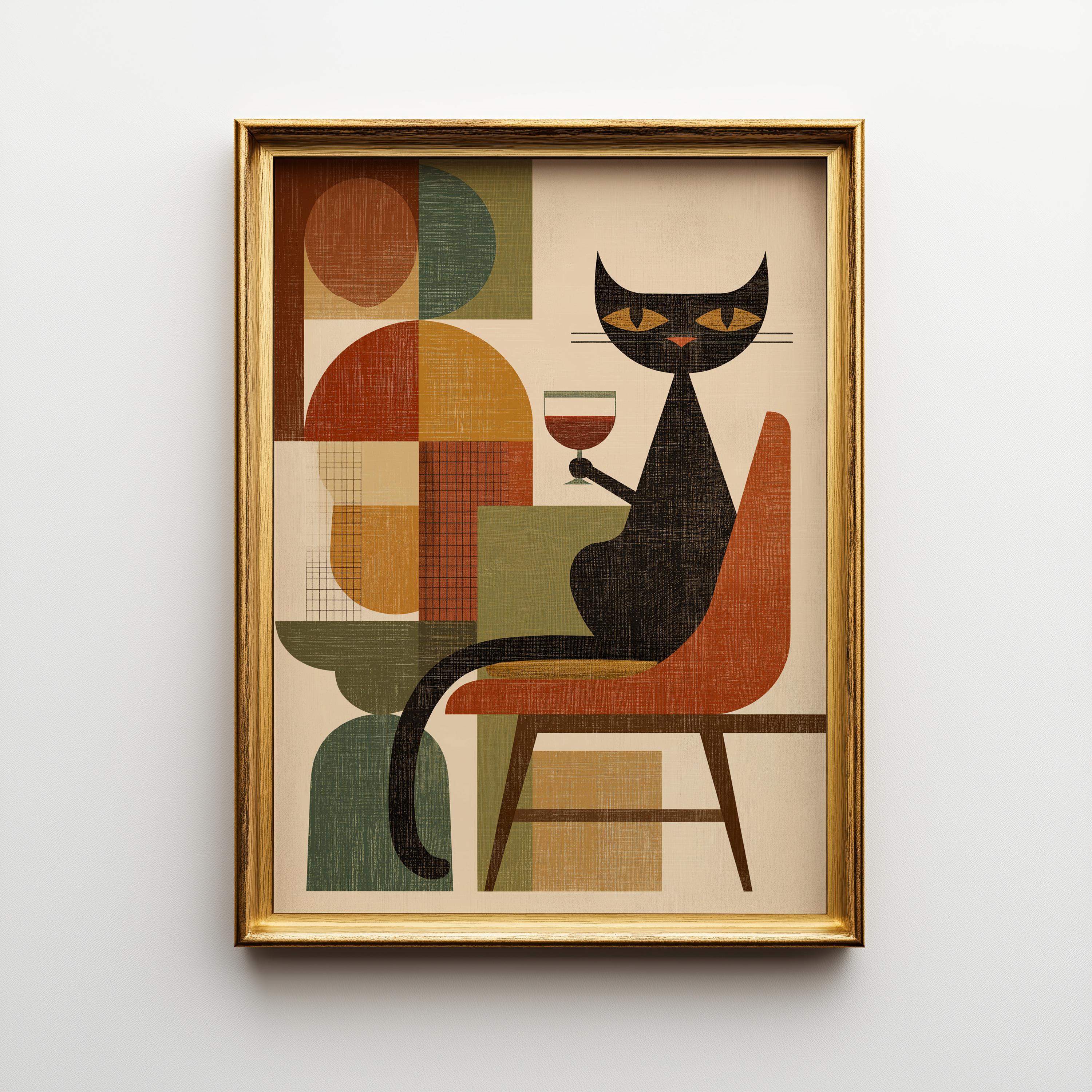 Cubist Cat with Wine Mid-Century Modern Wall Art