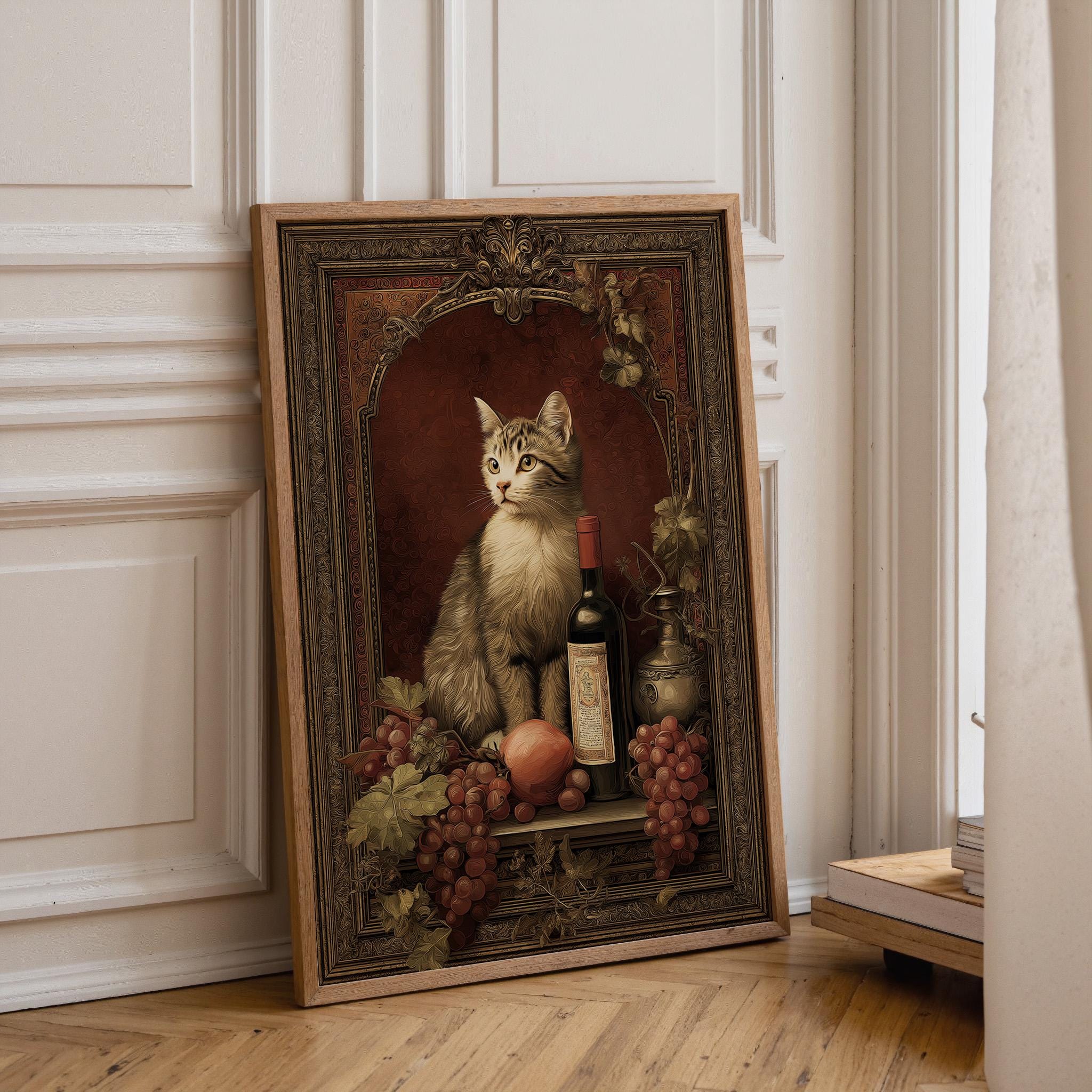 Baroque Cat Still Life Wine and Fruit Print