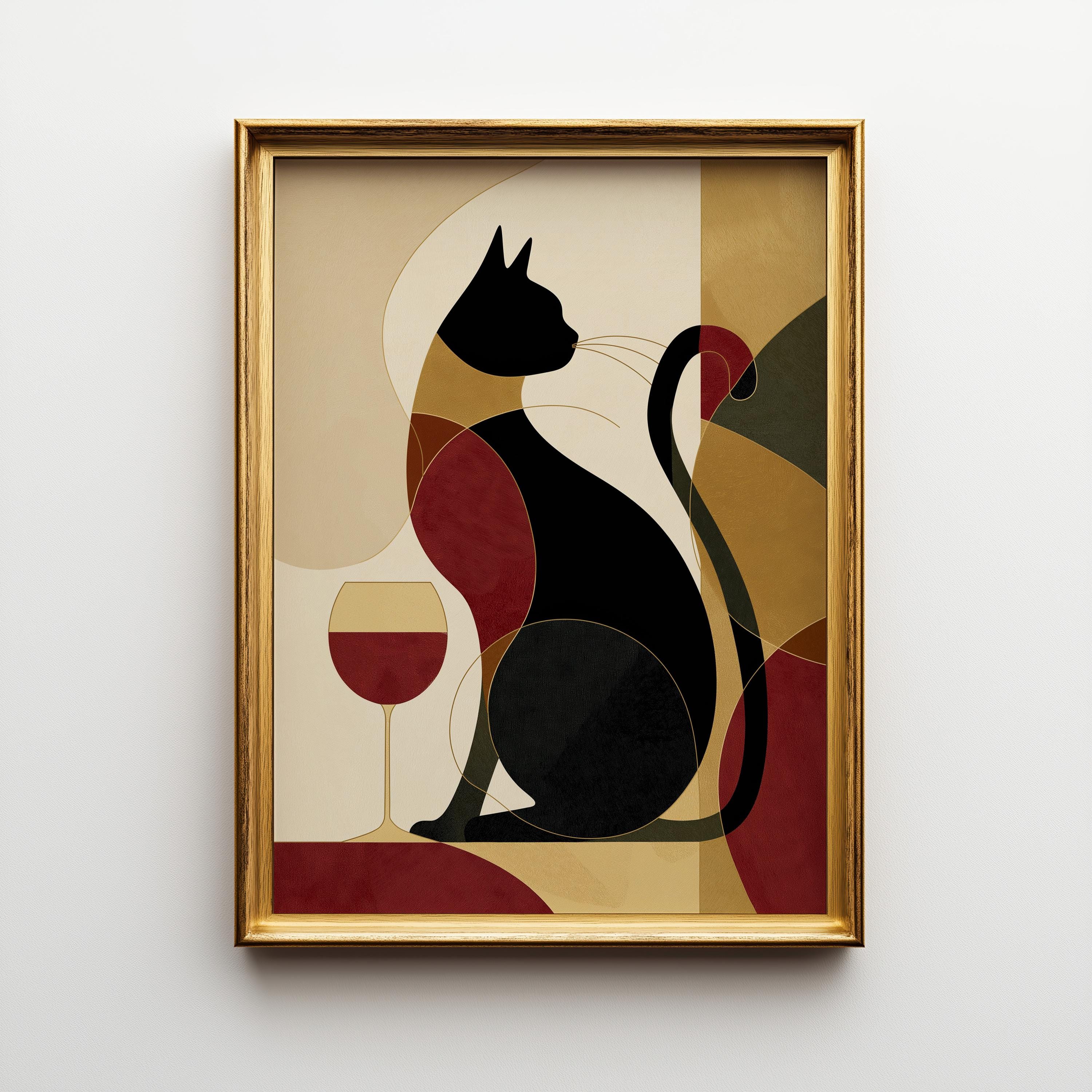 Cubist Cat With Wine Mid-Century Modern Wall Art 3