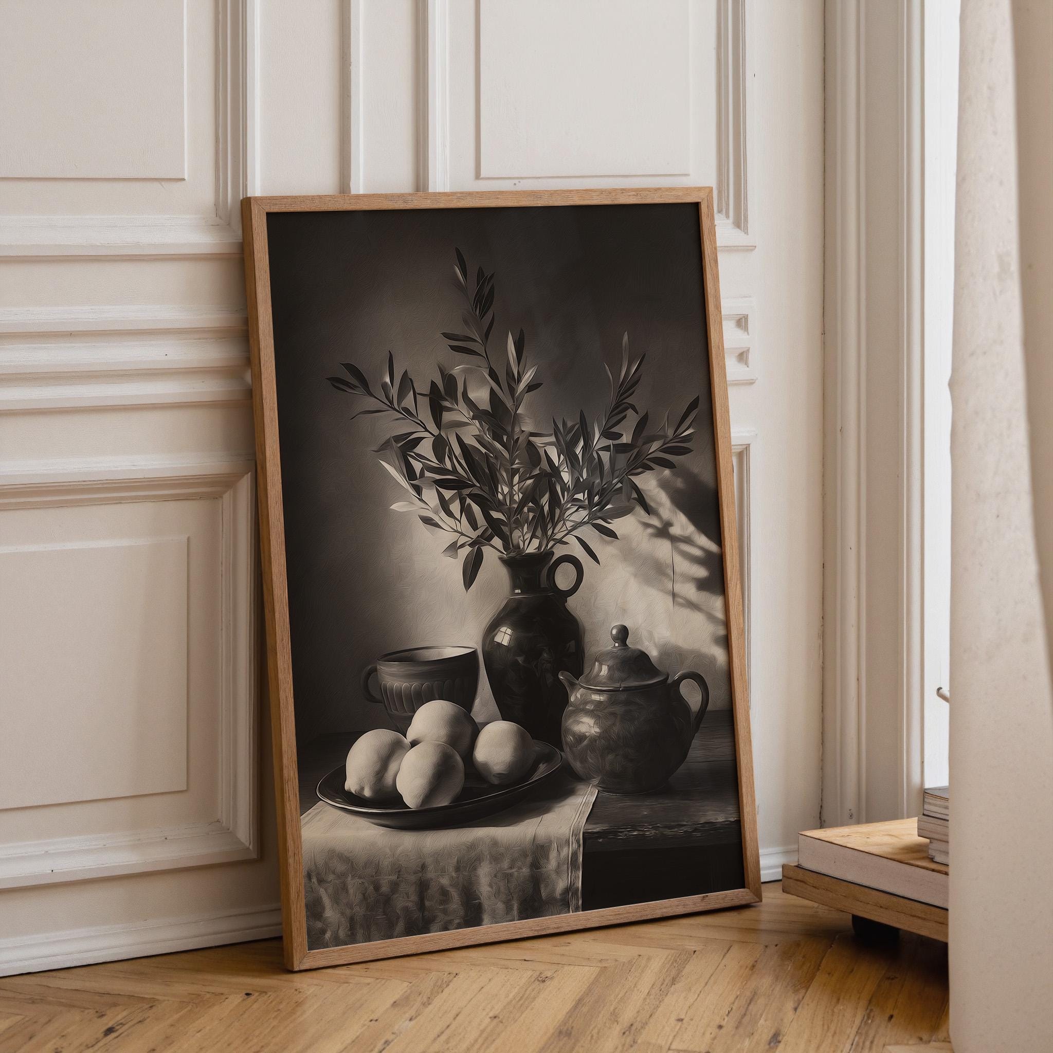 Monochrome Vintage Lemons and Pottery Wall Art