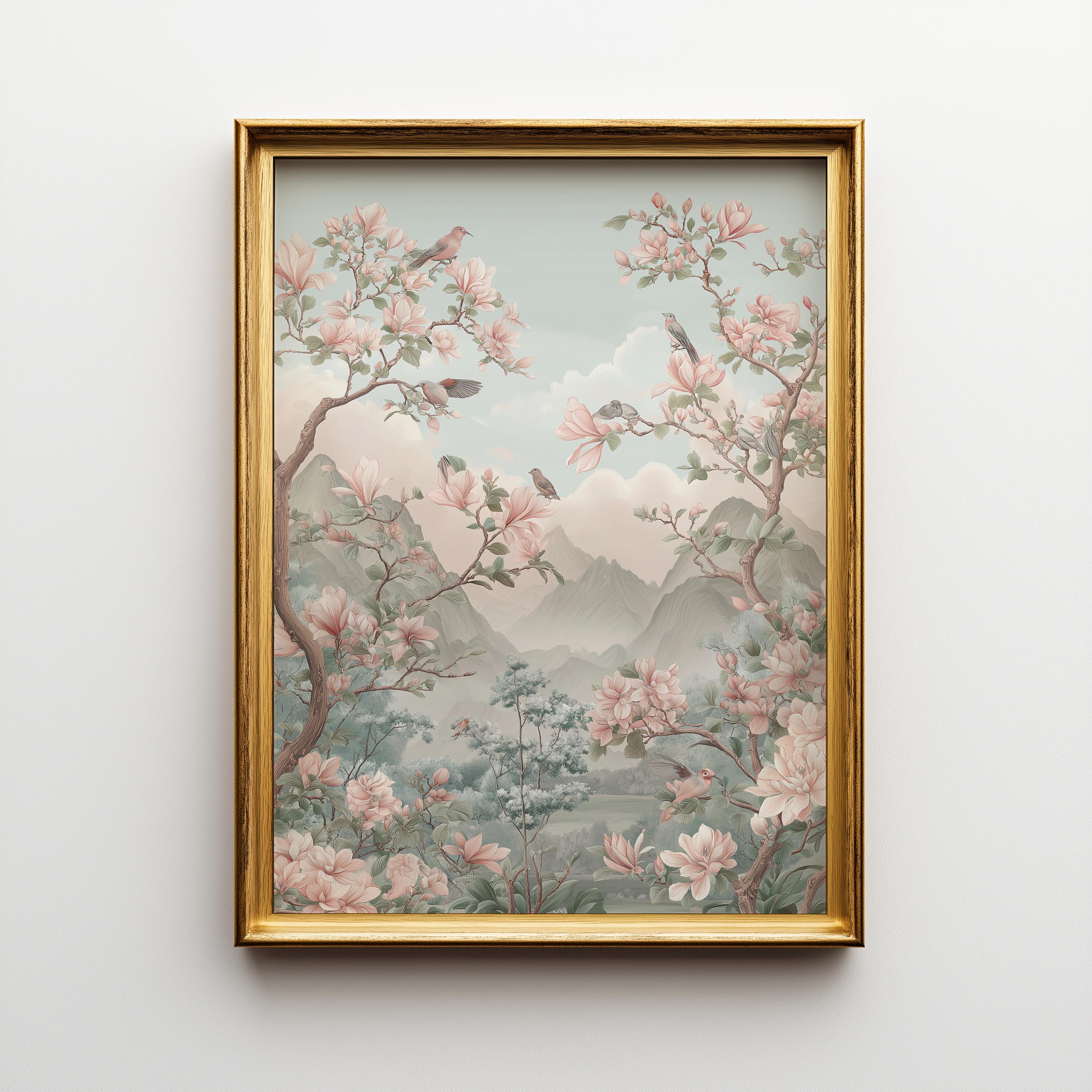 A framed art print featuring a traditional landscape painting with pink cherry blossoms, birds, and distant mountains, enclosed in a gold frame and mounted on a light gray wall.