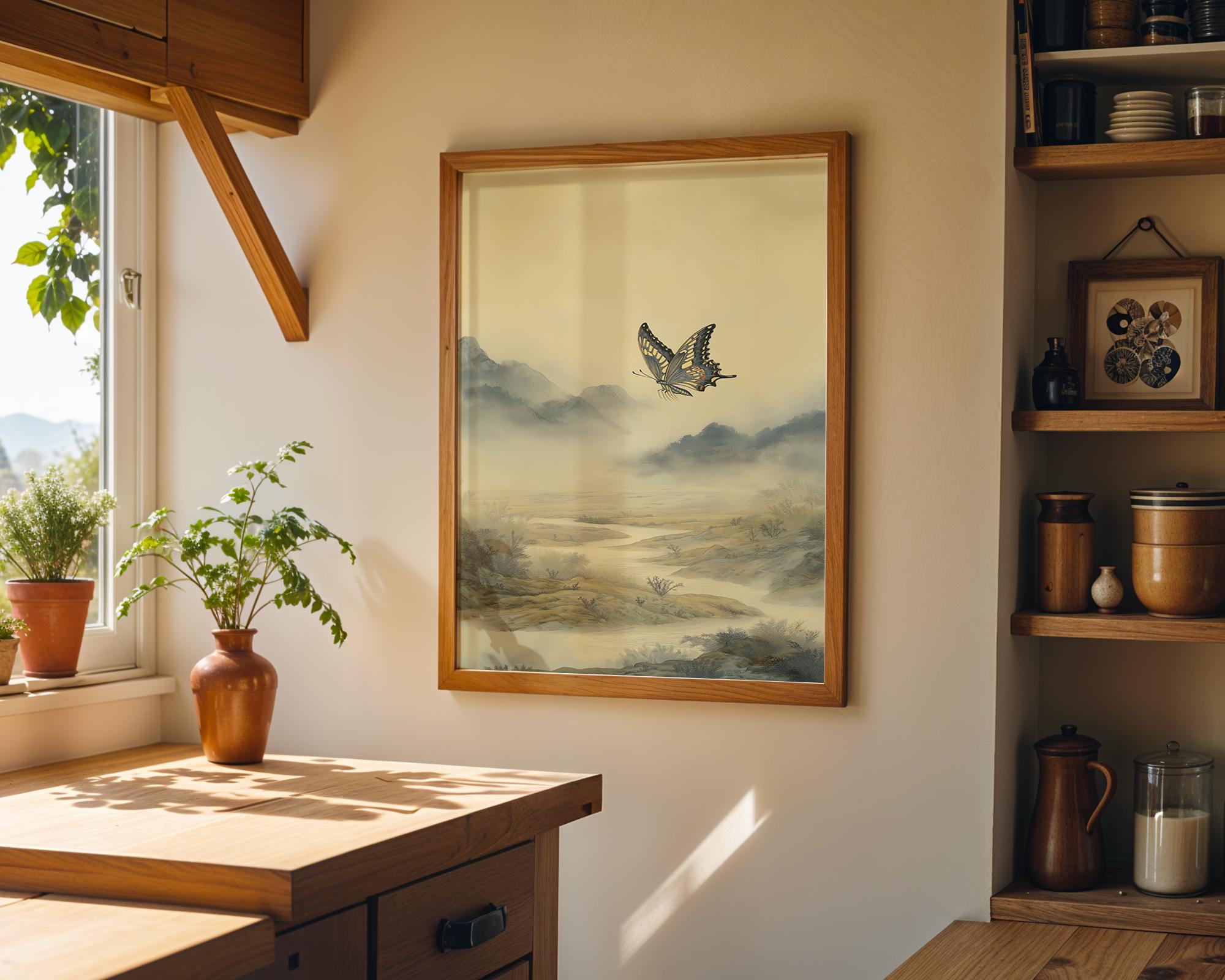 A framed landscape art print depicting a misty river valley and a flying bird, hung on a beige wall in a warm, rustic kitchen setting with wooden cabinets, shelves, and potted plants.
