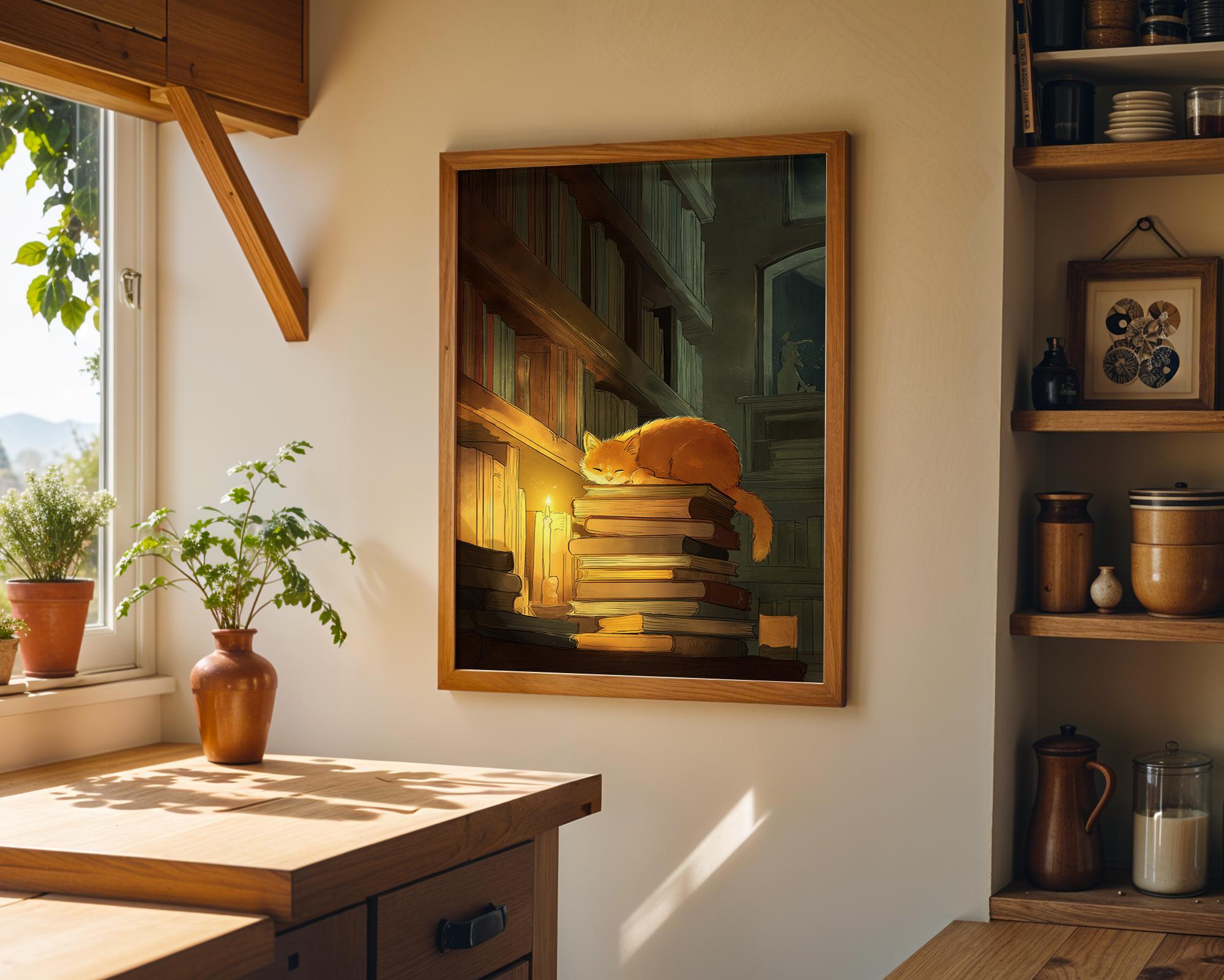 A framed art print depicting an orange cat sleeping on a stack of books by a window, displayed on a warm beige wall in a cozy, sunlit kitchen or study setting.