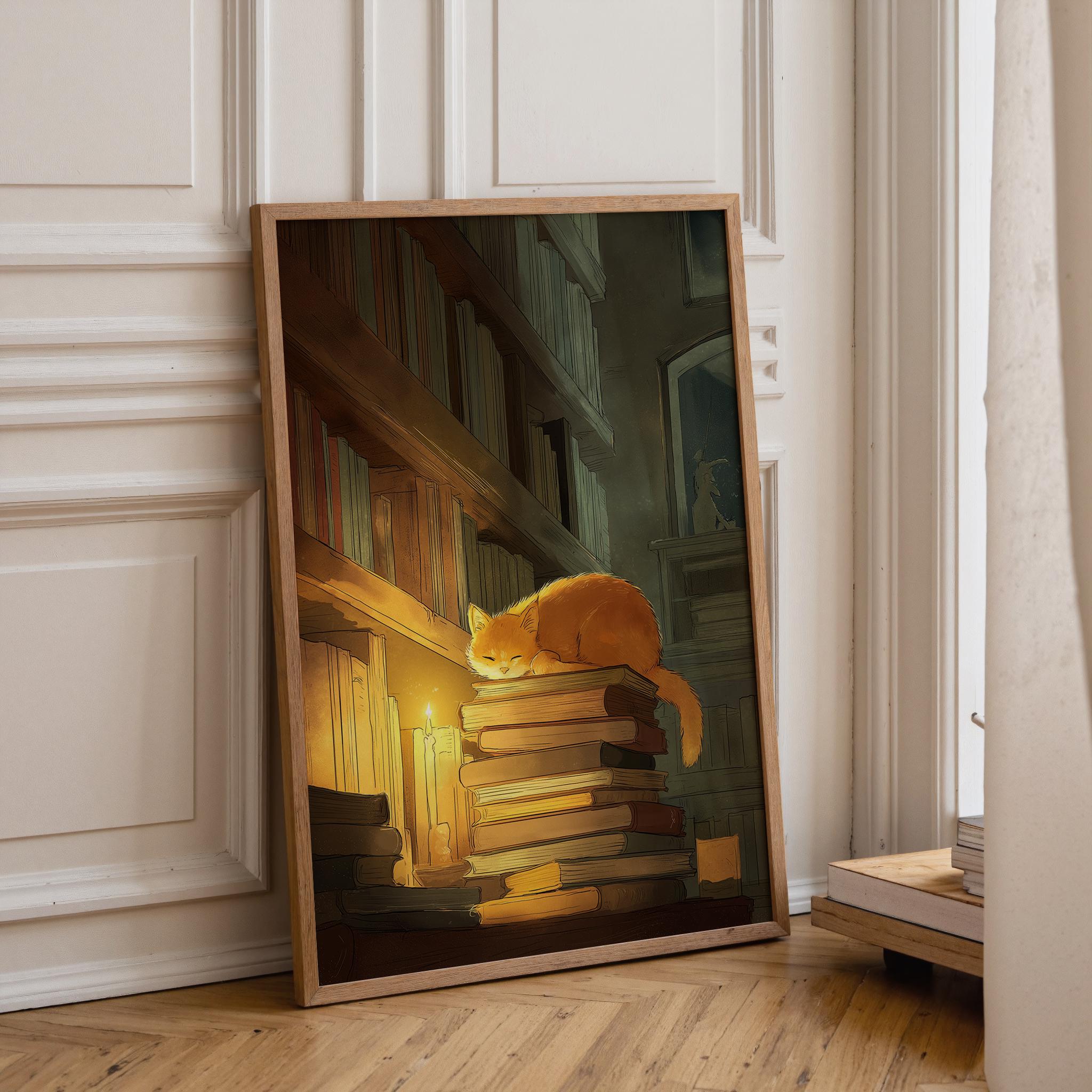 A framed art print leaning against a white paneled wall on a wooden floor. The print depicts an orange cat curled up asleep on a tall stack of old books under warm candlelight in a library.