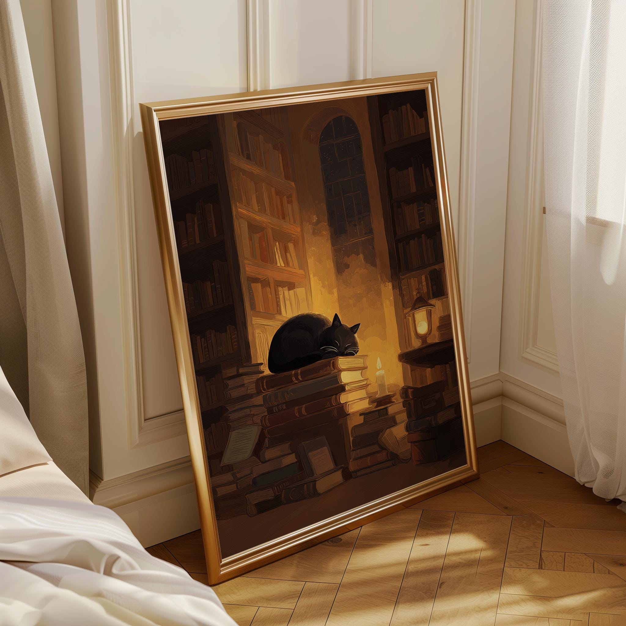 Dark Academia Cat Cozy Library Book Lover Wall Art