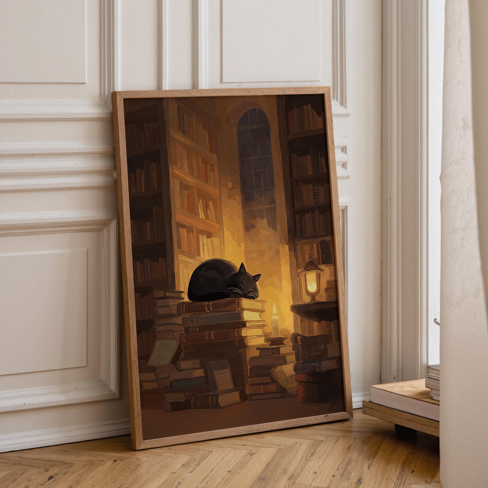 Dark Academia Cat Cozy Library Book Lover Wall Art